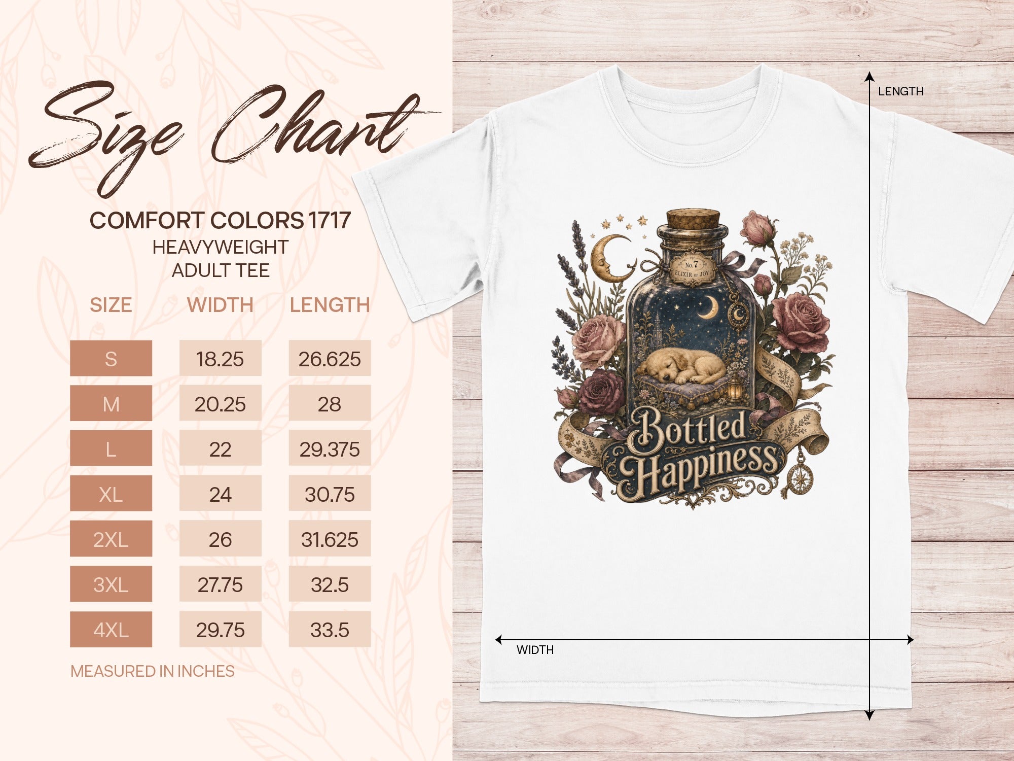 Size chart for Comfort Colors 1717 heavyweight adult tee with "Bottled Happiness" graphic.
