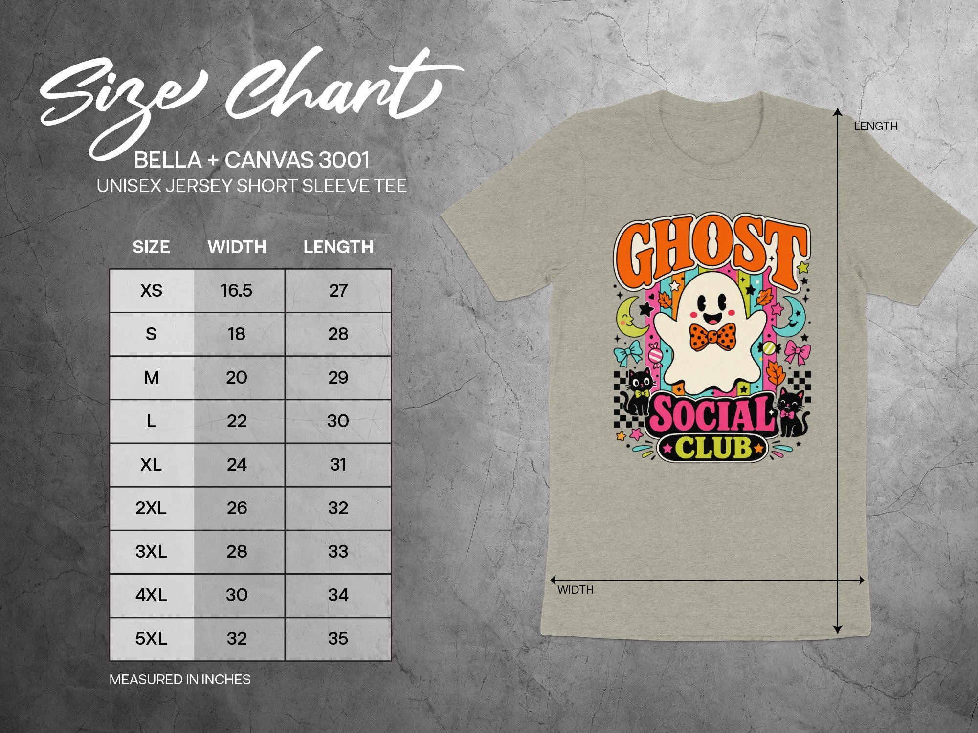 Size chart for Bella + Canvas 3001 unisex jersey tee with ghost graphic.