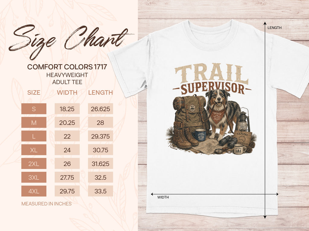 Comfort Colors 1717 size chart for adult tees with "Trail Supervisor" graphic.