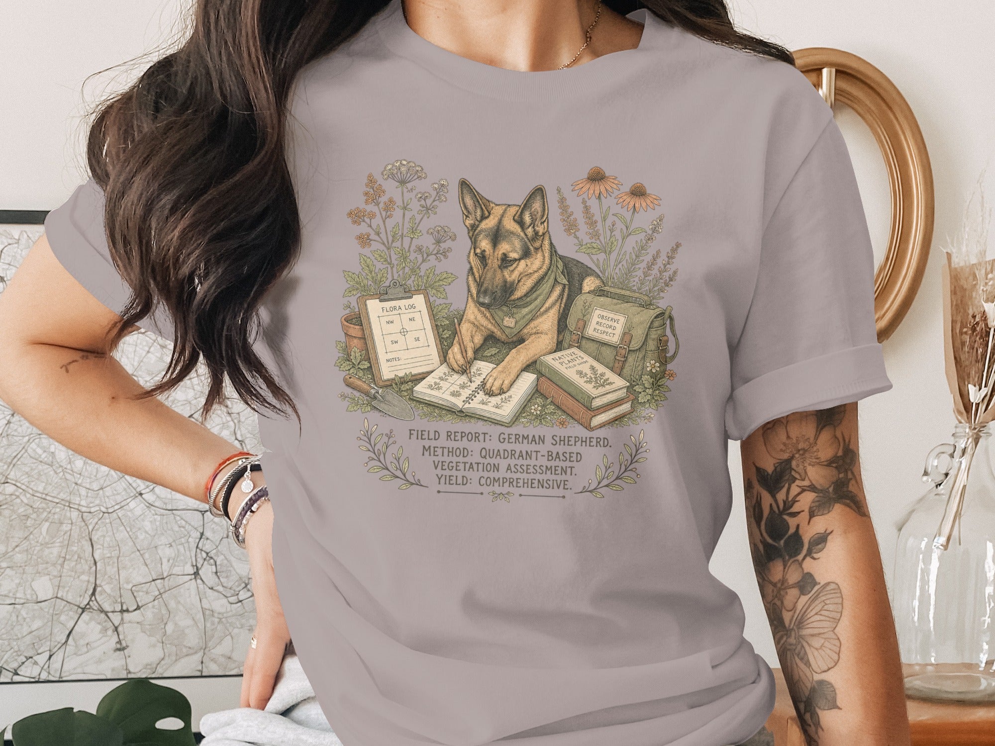 German Shepherd with gardening tools and field notes, text details: "Field Report: German Shepherd"