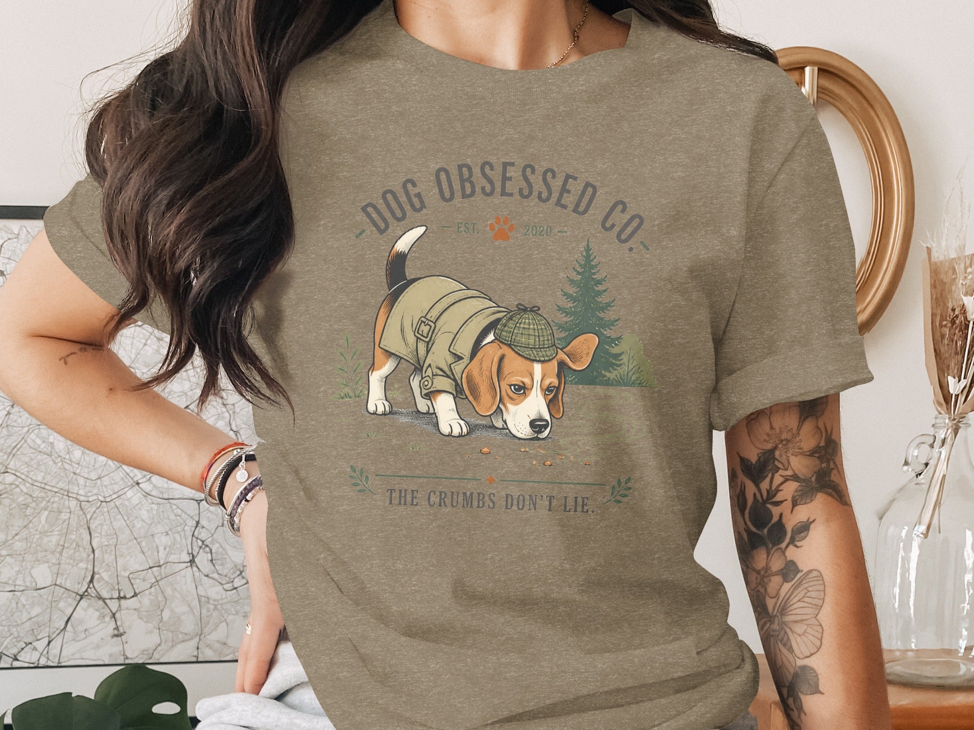 T-shirt with a beagle wearing a hat and coat, with the text "Dog Obsessed Co."
