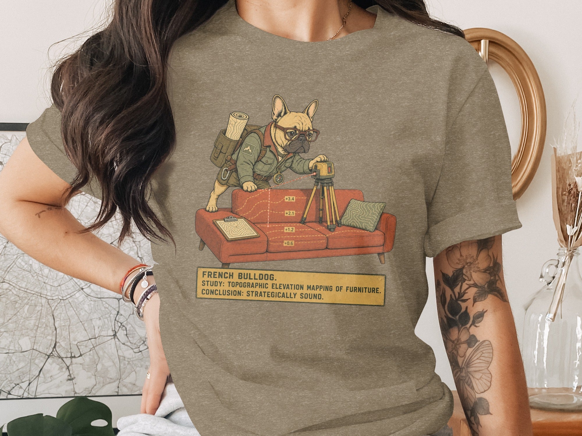 French bulldog mapping furniture with survey equipment; text about study and conclusion.