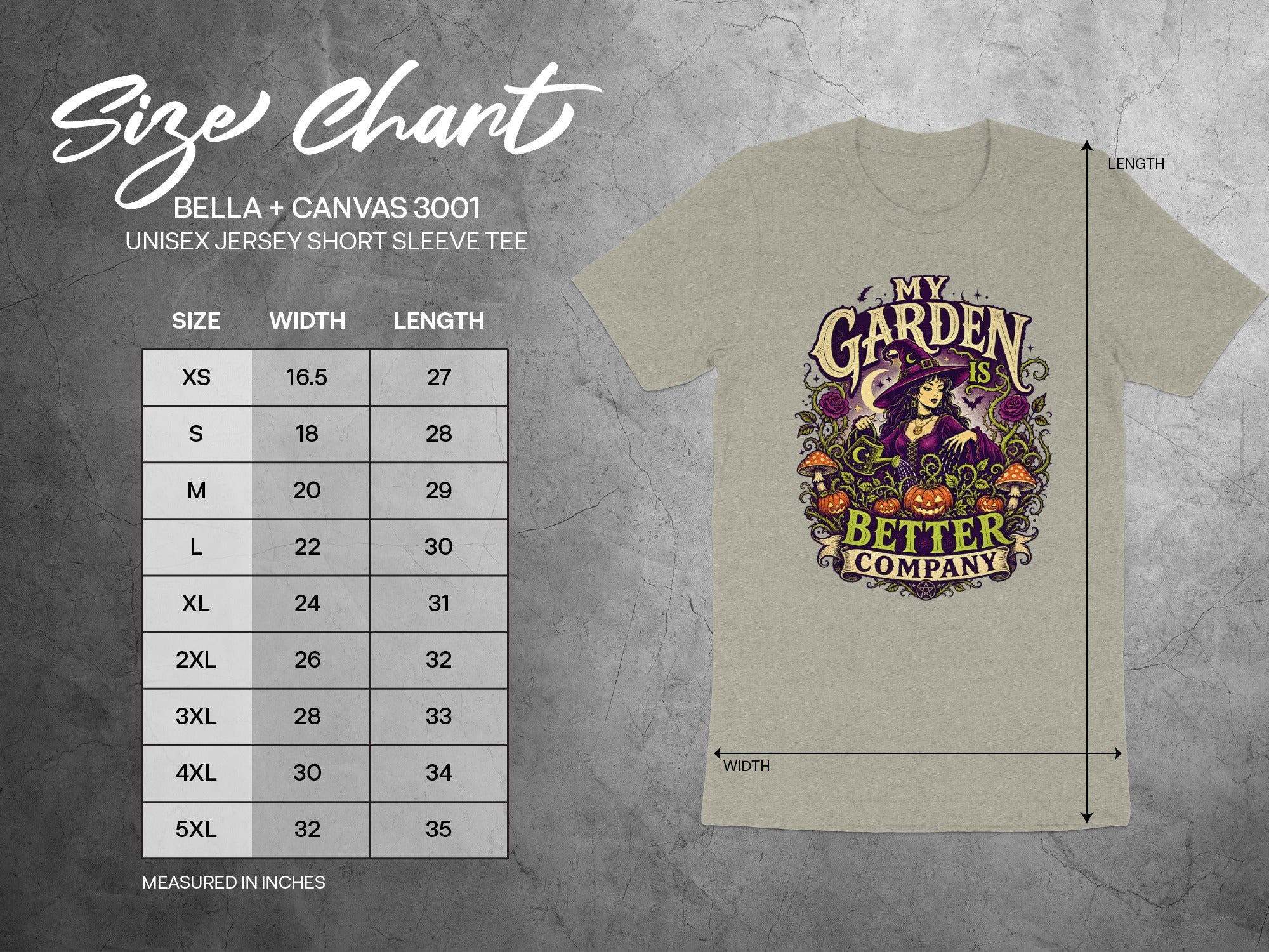Bella + Canvas 3001 unisex tee size chart with width and length measurements in inches.