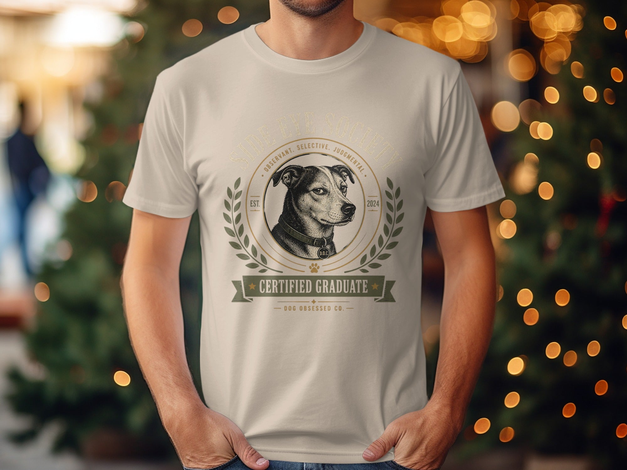 Cream t-shirt with sketch of dog and text "Side Eye Society Certified Graduate".