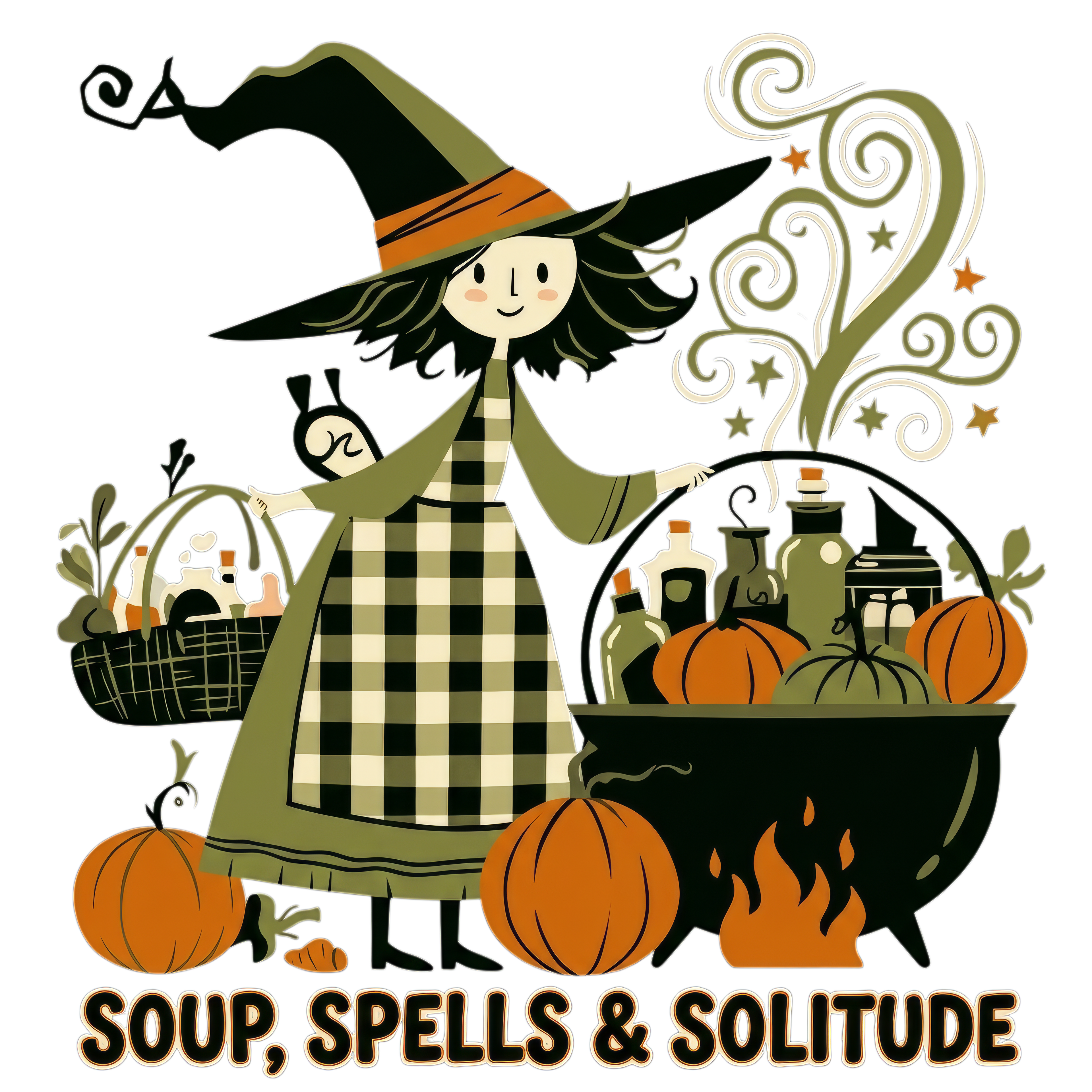 Witch with cauldron, pumpkins, and basket. Text: SOUP, SPELLS & SOLITUDE.