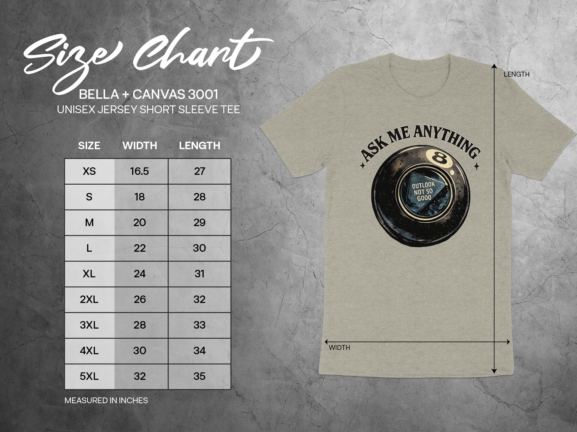 Size chart for Bella + Canvas 3001 unisex tee, with dimensions in inches.