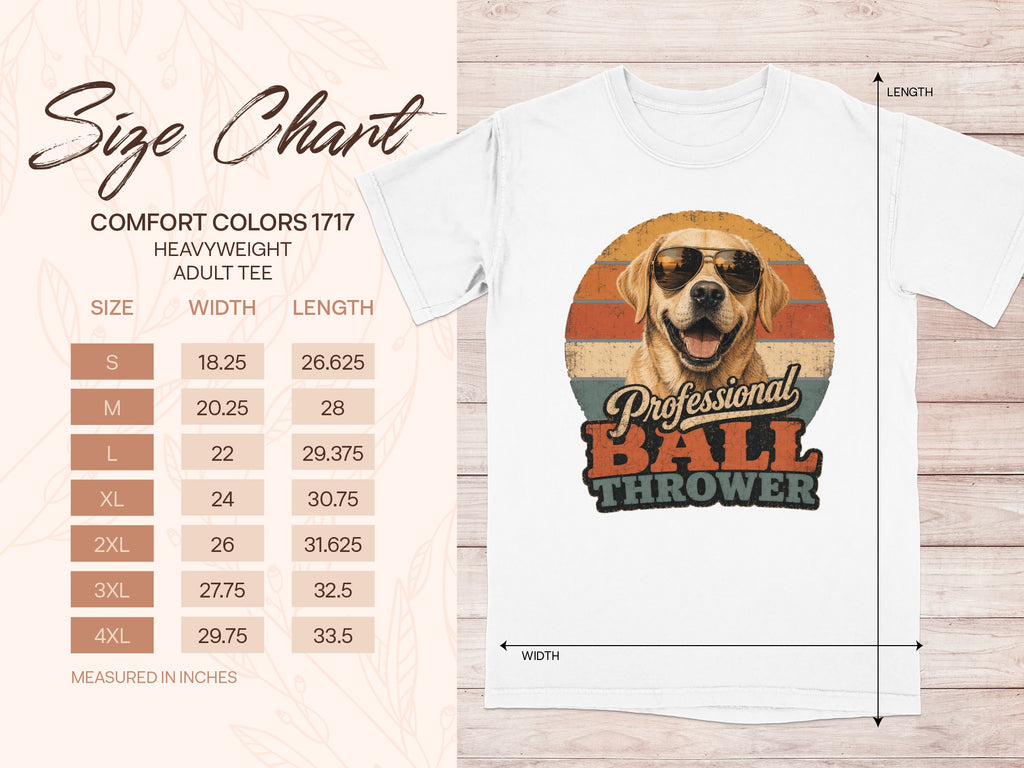 White tee with retro graphic of a dog wearing sunglasses and text "Professional Ball Thrower".