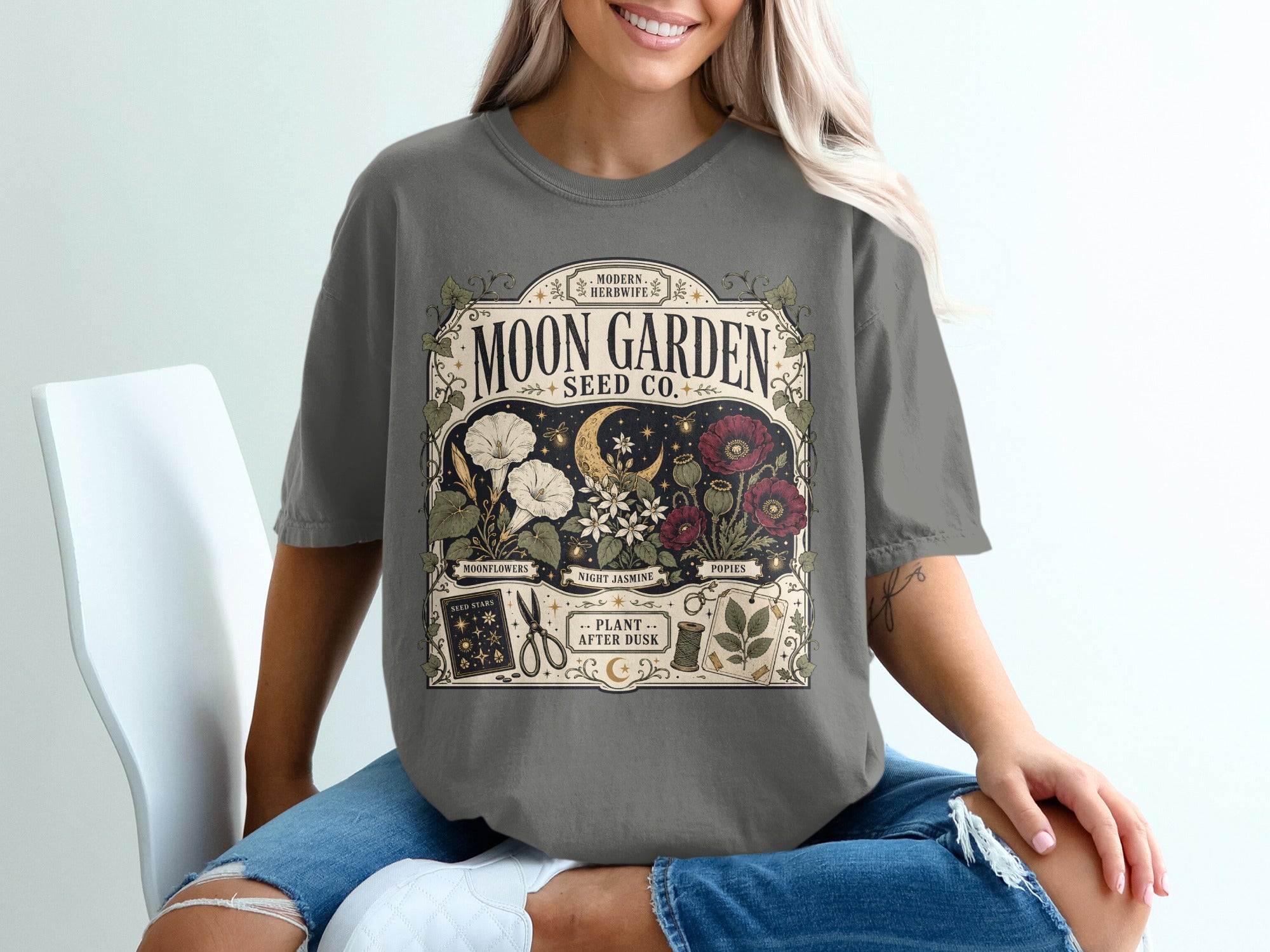 Moon Garden Seed Co. distressed design with florals, moon, and gardening tools.
