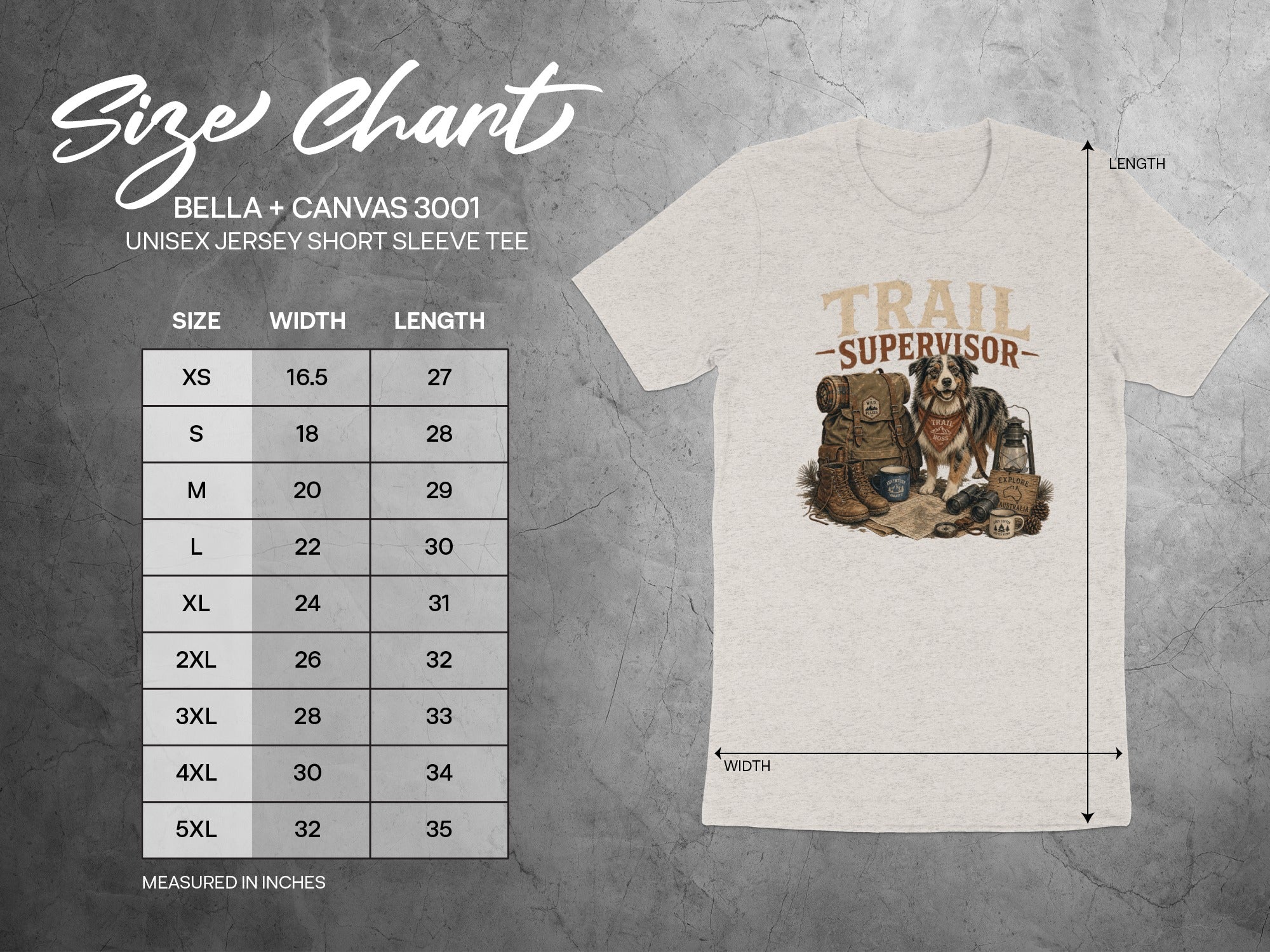 BELLA + CANVAS 3001 unisex tee size chart with width and length measurements in inches.