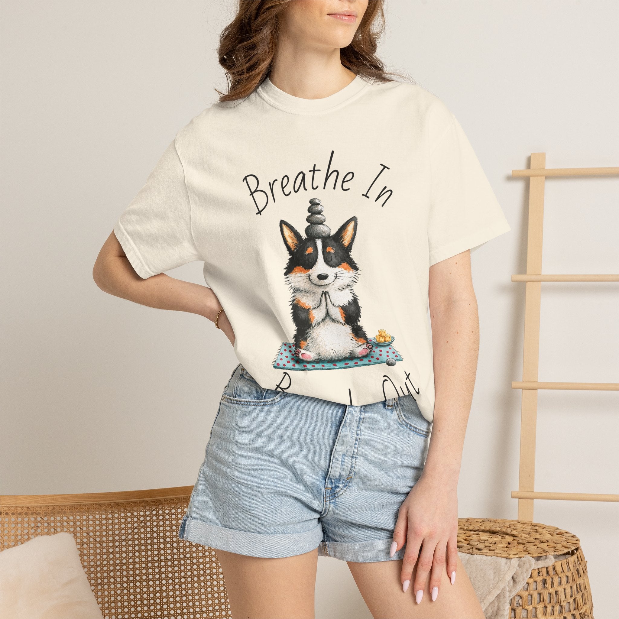 Meditating Corgi T-Shirt — "Breathe In, Breathe Out" Cute Yoga Dog Tee