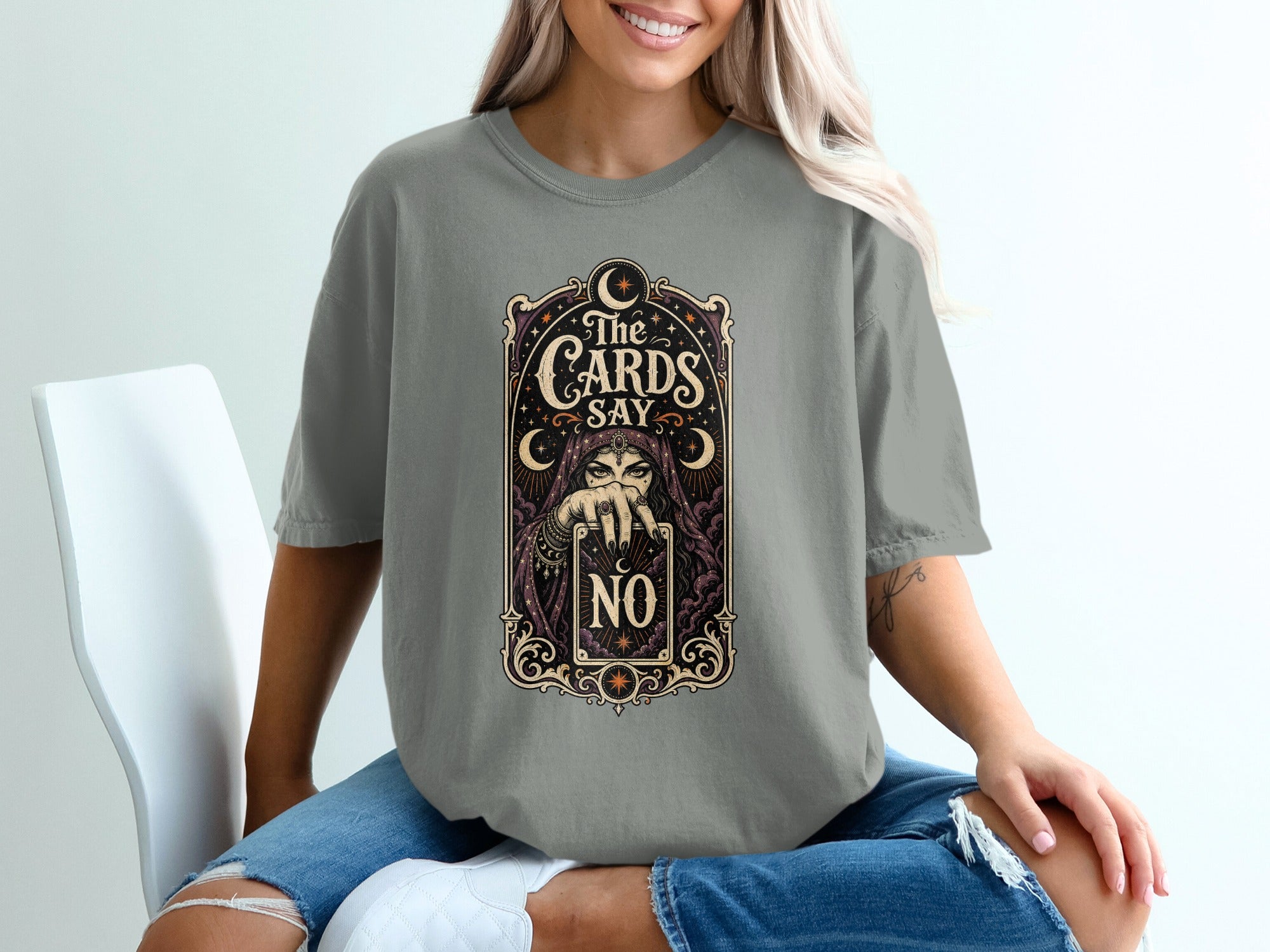 T-shirt with mystical cards design saying "The Cards Say NO" with a woman's face.