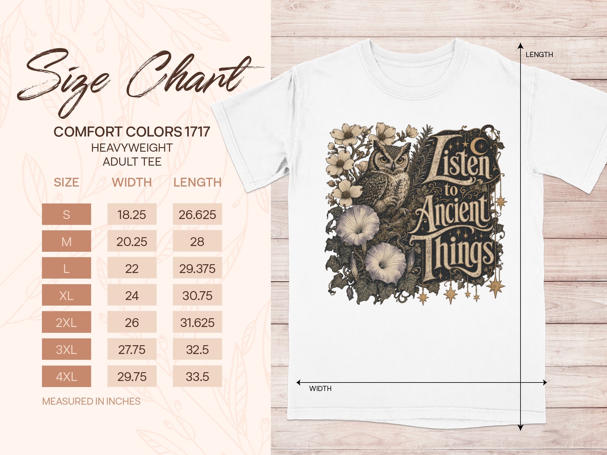 Comfort Colors 1717 heavyweight adult tee size chart with chest print.