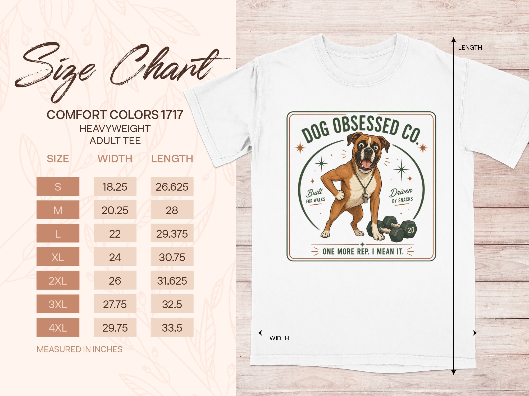 Size chart for Comfort Colors 1717 heavyweight adult tee with boxer graphic.
