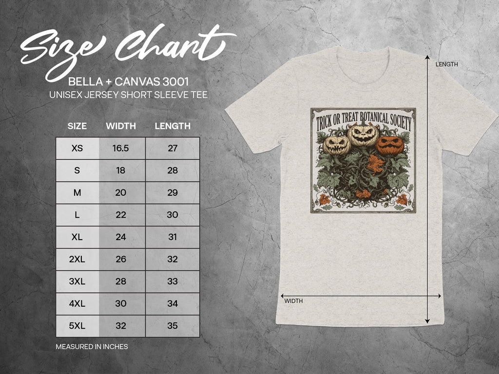Size chart for Bella + Canvas 3001 unisex jersey tee featuring Halloween pumpkins.
