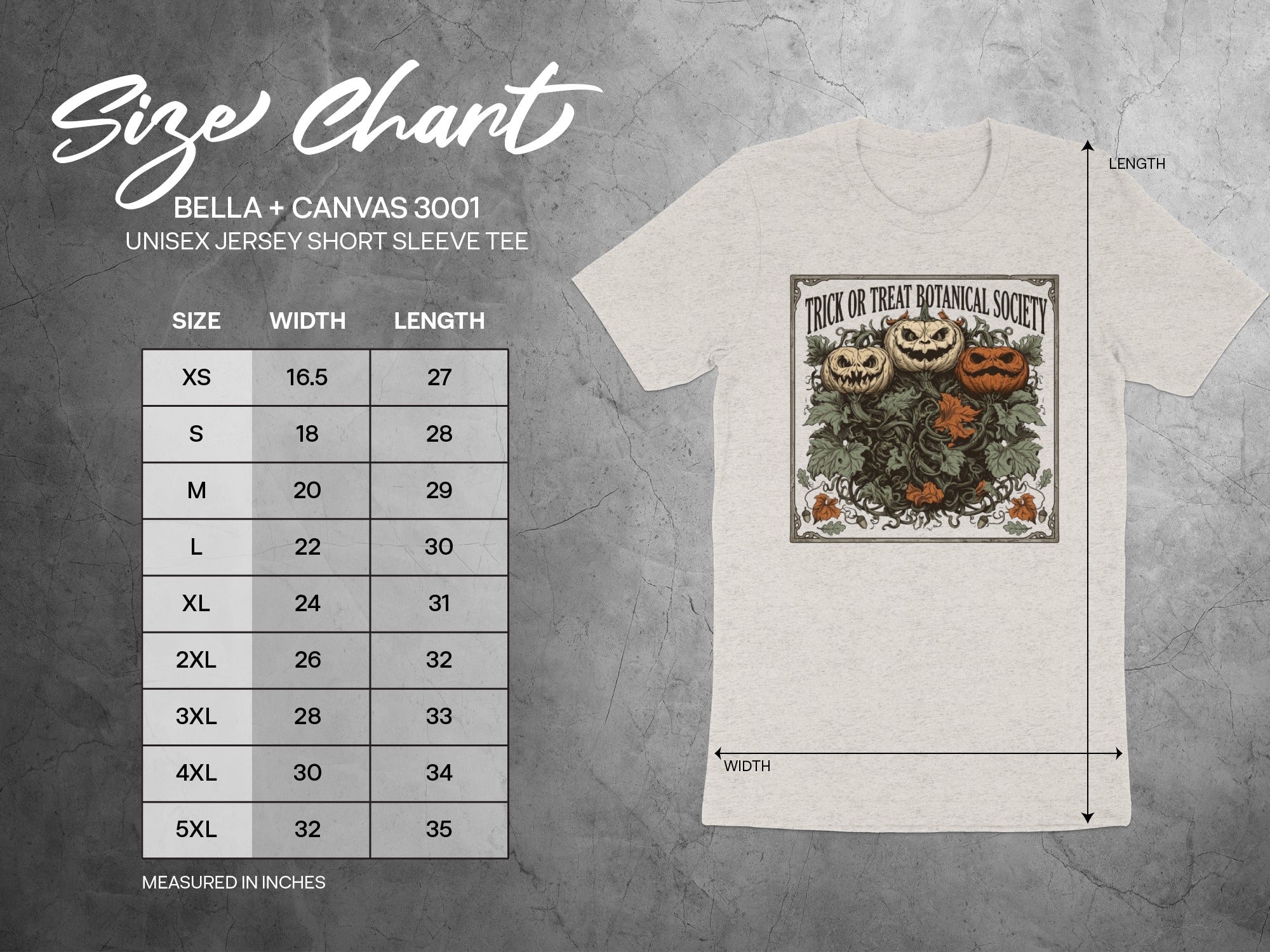 Size chart for Bella + Canvas 3001 unisex jersey tee featuring Halloween pumpkins.