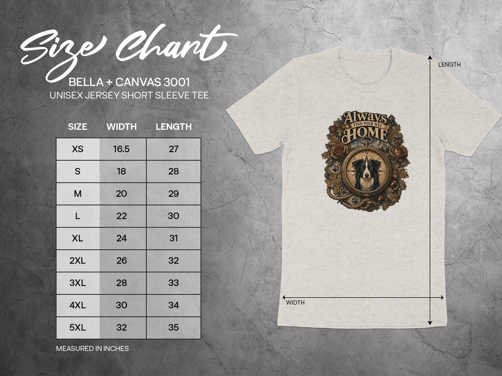 Size chart for Bella + Canvas 3001 Unisex Jersey Short Sleeve Tee with dog graphic.