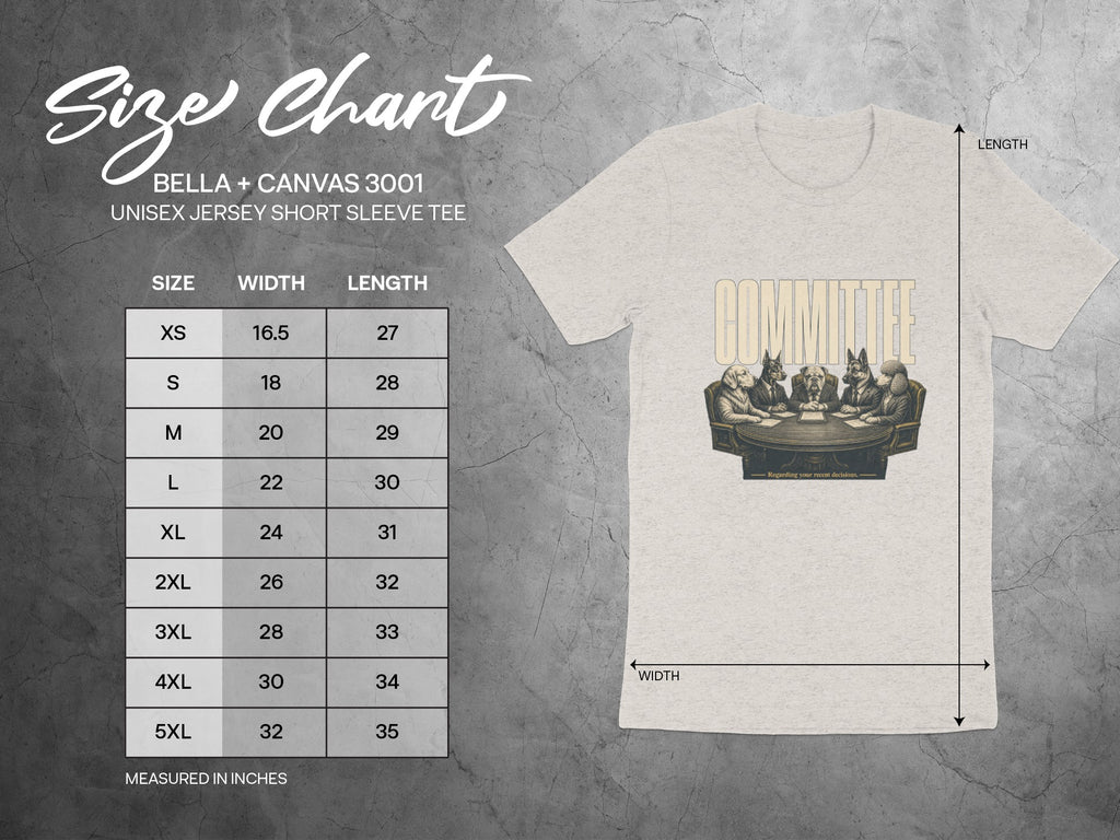 Size chart for BELLA + CANVAS 3001 unisex short sleeve tee.
