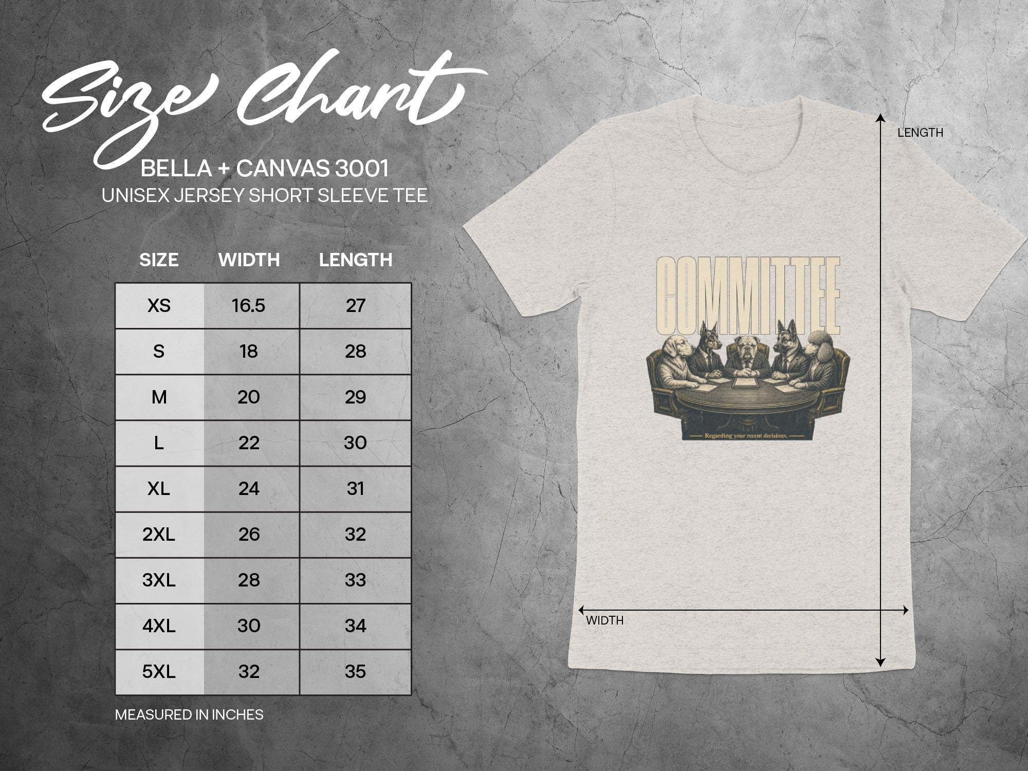 Size chart for BELLA + CANVAS 3001 unisex short sleeve tee.