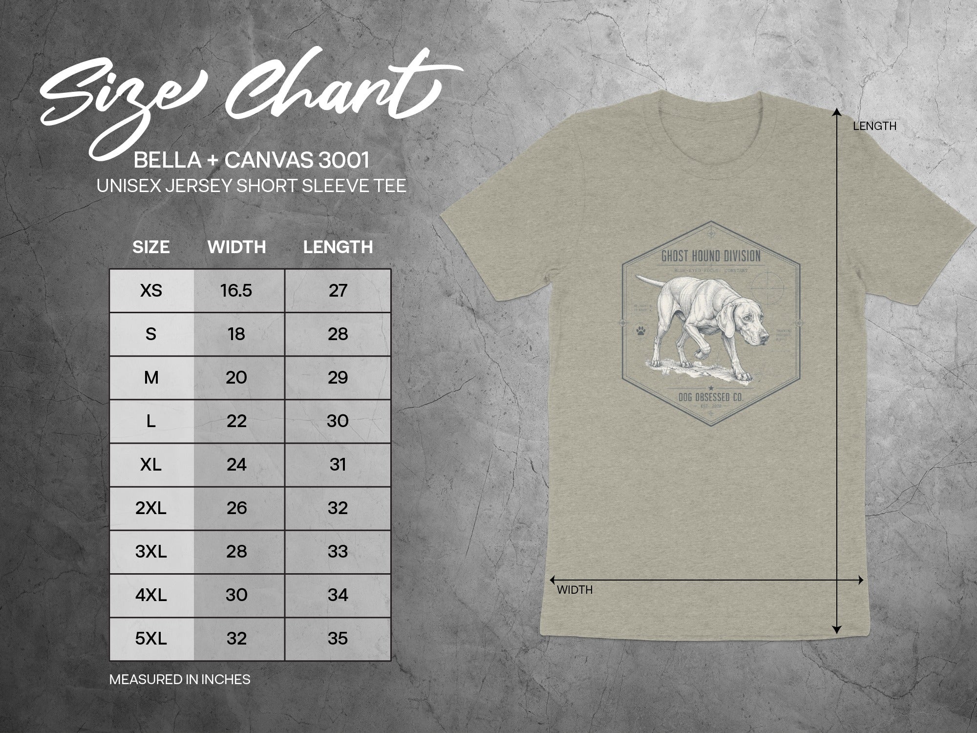 BELLA + CANVAS 3001 unisex jersey t-shirt size chart, width, and length in inches.