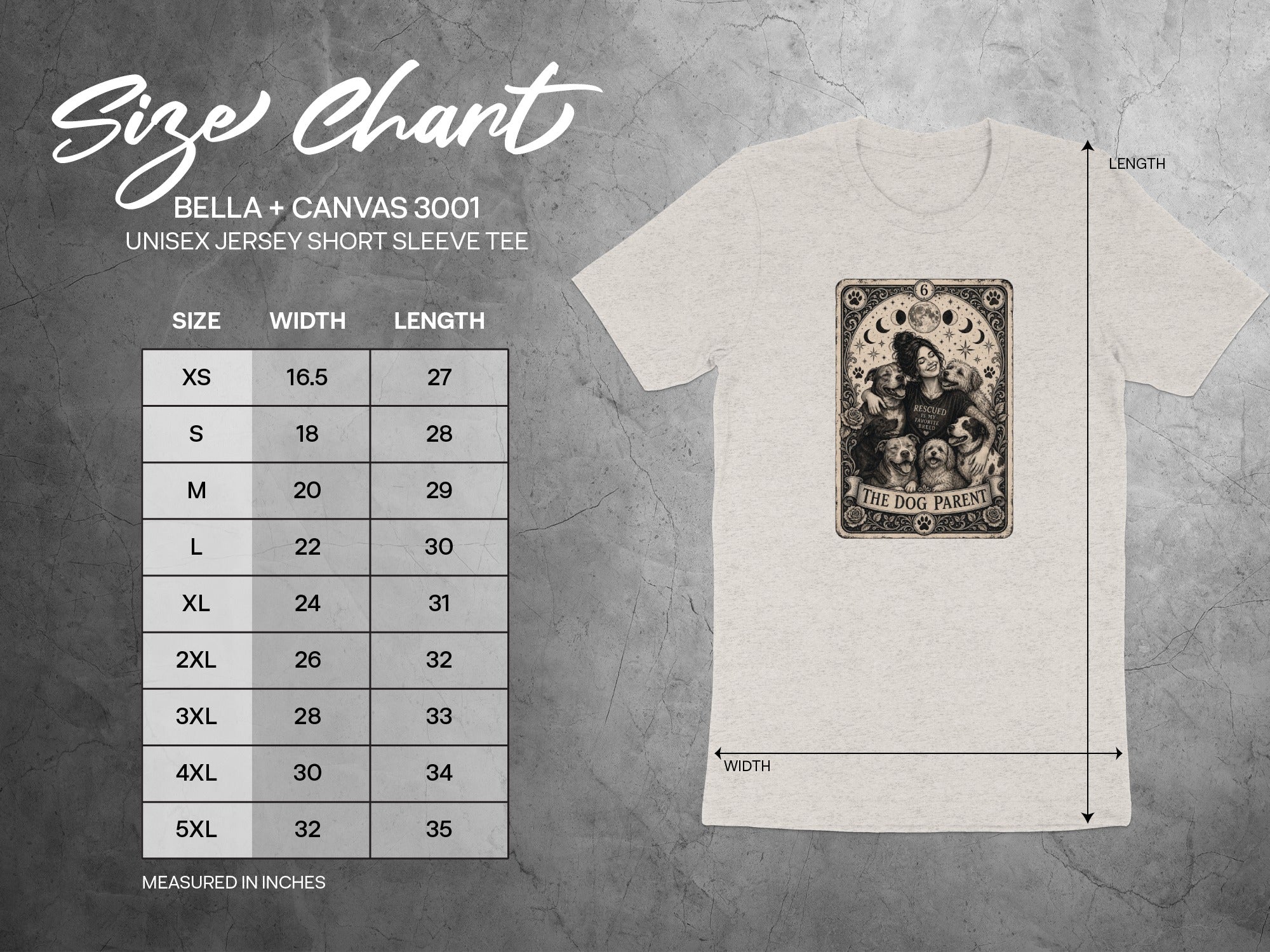 Bella + Canvas 3001 size chart for unisex short sleeve tees, measured in inches.