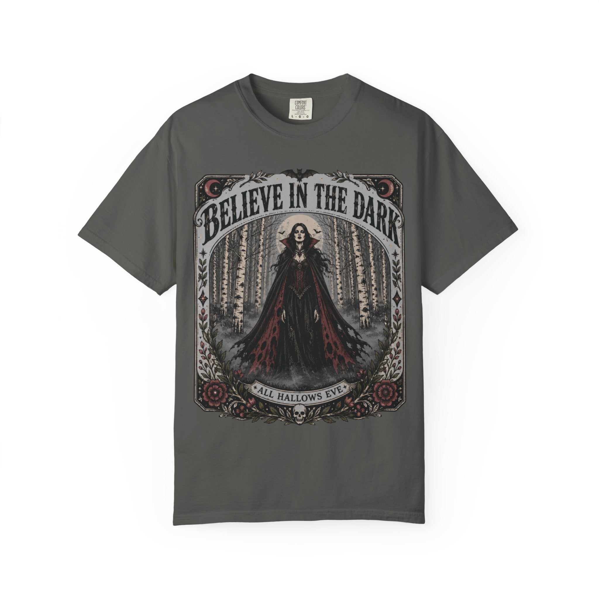 Believe in the Dark Gothic T-Shirt — All Hallows Eve Witch Design
