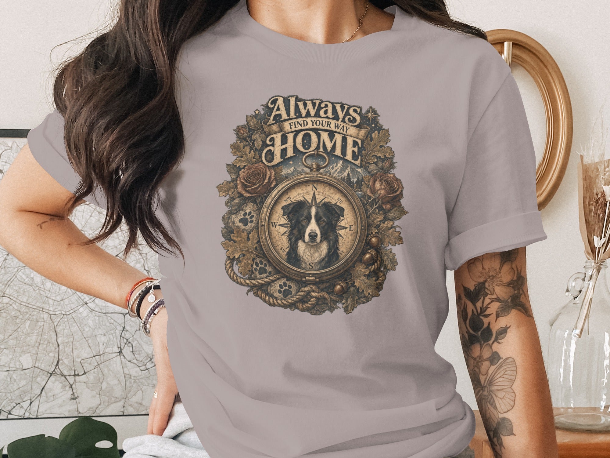 T-shirt with vintage compass design, dog portrait, and text "Always Find Your Way Home".