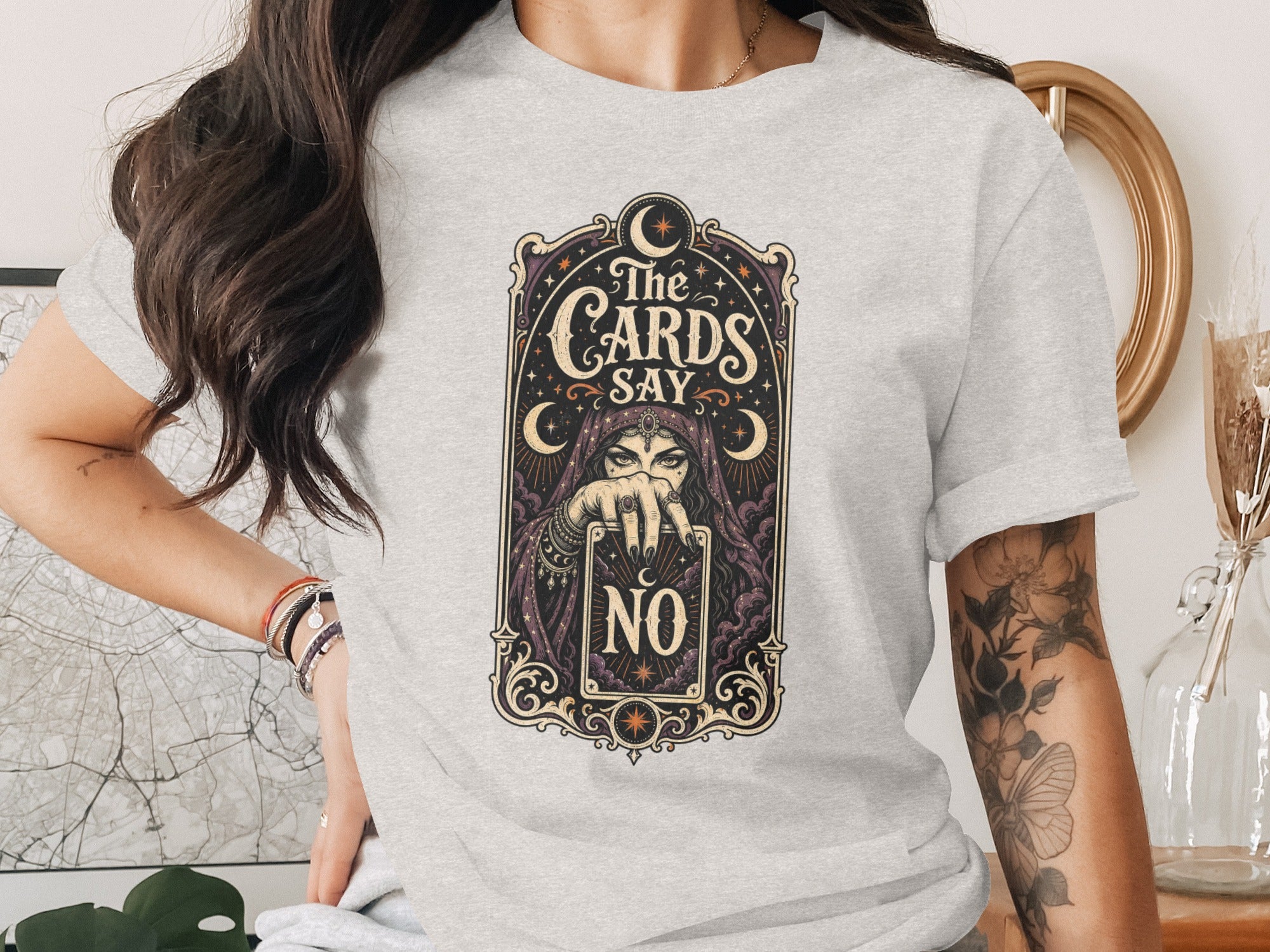 Graphic tee with vintage fortune teller artwork and text "The Cards Say No".