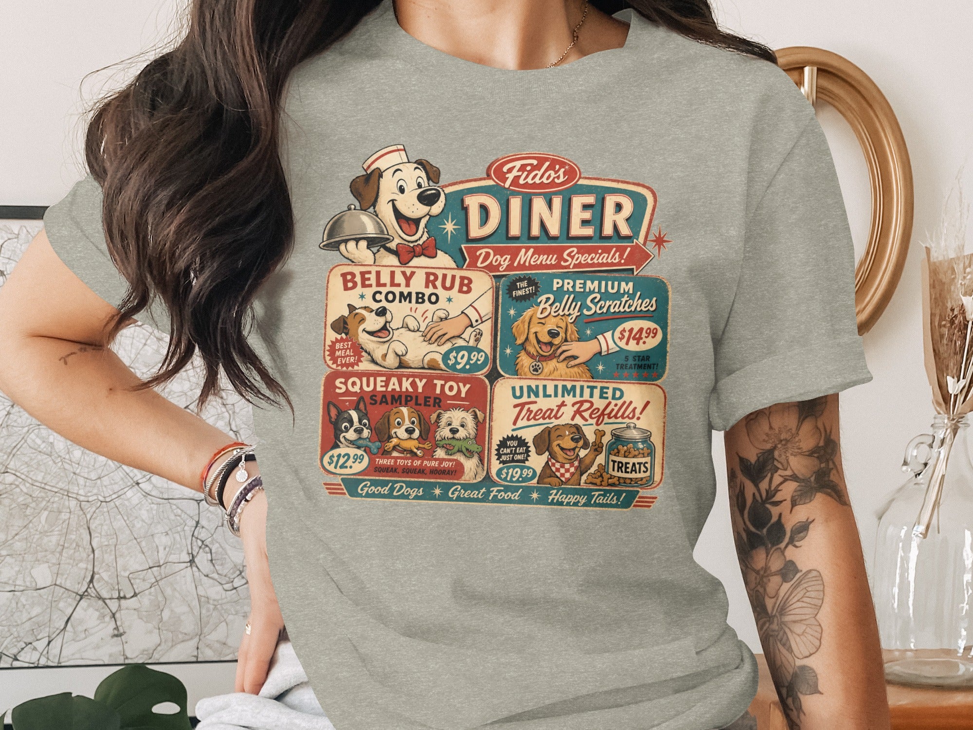 Fido's Diner dog menu specials with belly rub, belly scratches, toy sampler, and treat refills.