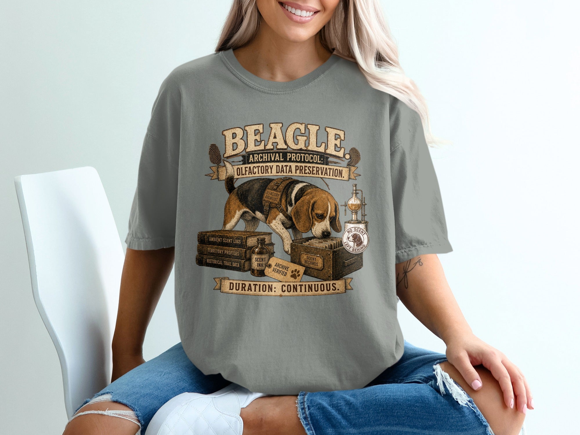 Beagle graphic with text "Archival Protocol: Olfactory Data Preservation" and "Duration: Continuous."