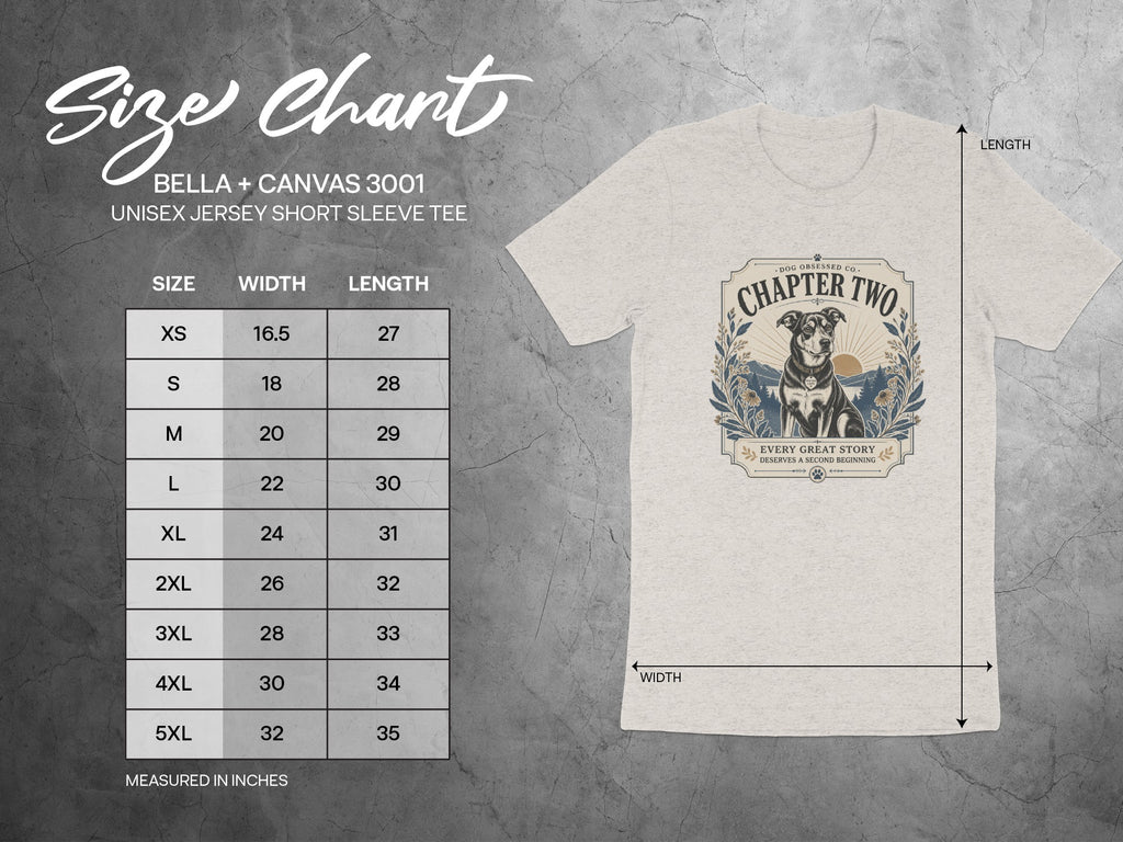 Bella + Canvas 3001 size chart with measurements and a dog print t-shirt.