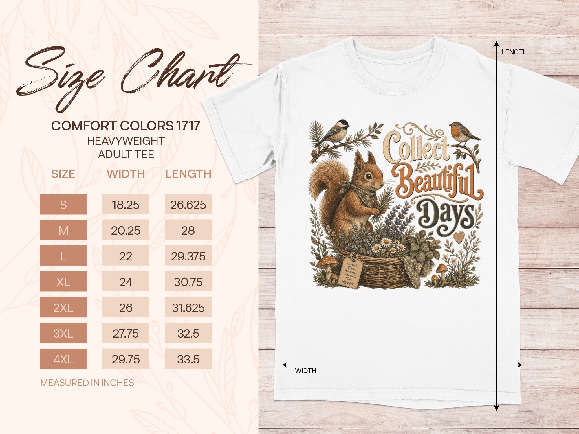 Size chart for heavyweight adult tee with squirrel and birds graphic.