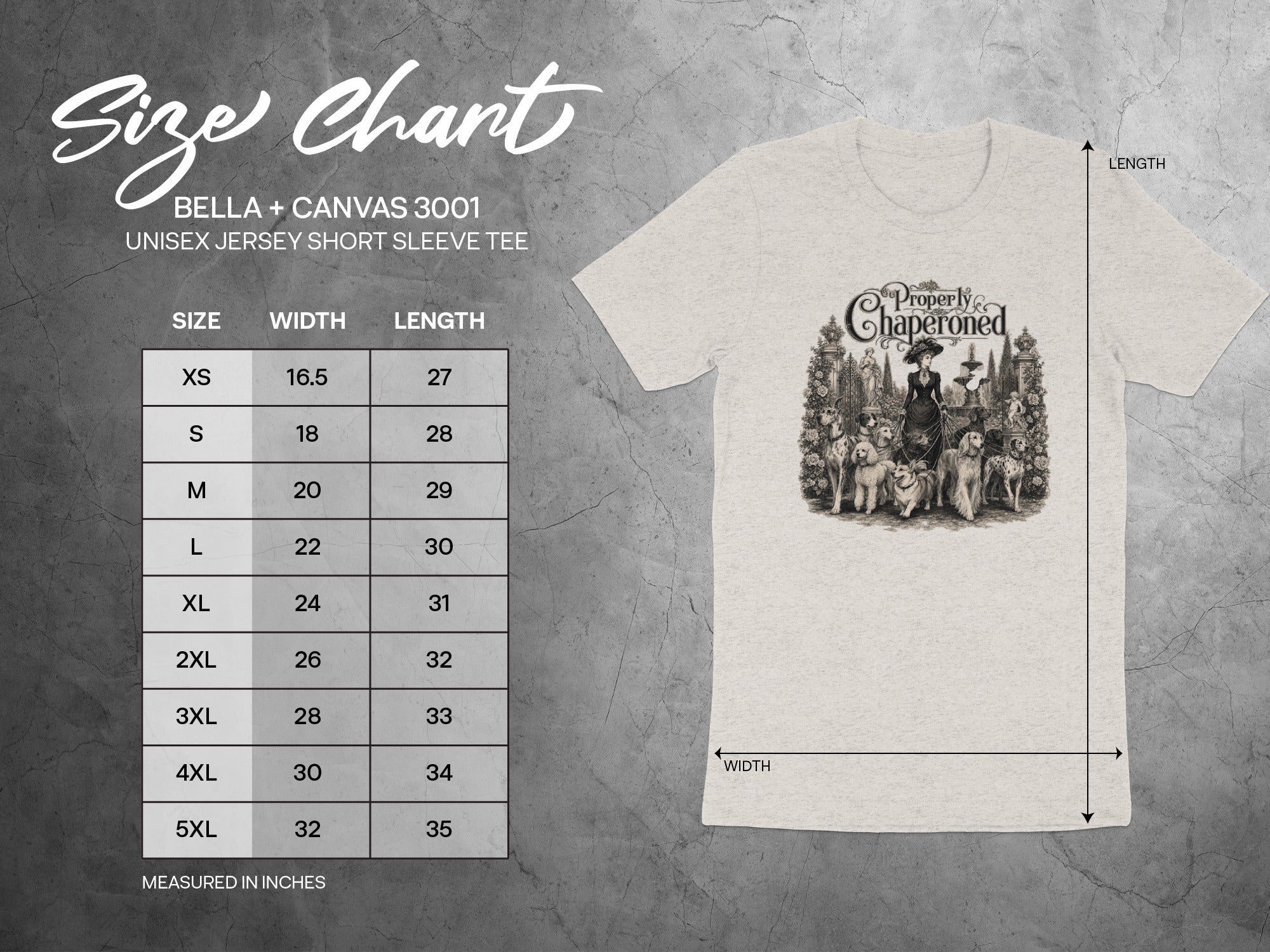 Size chart for Bella + Canvas 3001 Unisex Jersey Short Sleeve Tee.