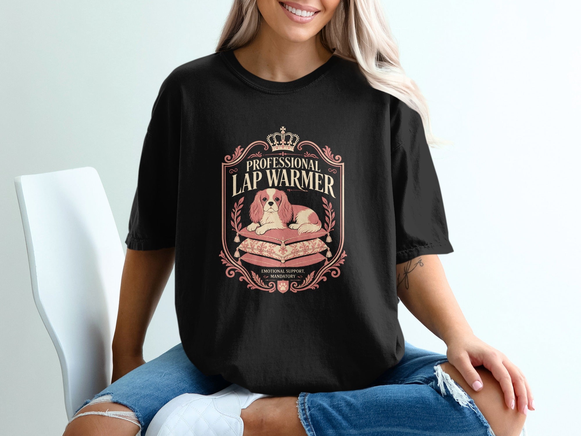Black t-shirt with "Professional Lap Warmer" text and illustration of a dog.