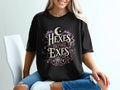 Black t-shirt with "Hexes Before Exes" graphic featuring a cat and moon.
