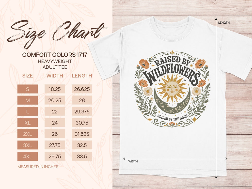 Size chart for Comfort Colors 1717 heavyweight adult tee with "Raised by Wildflowers" graphic.