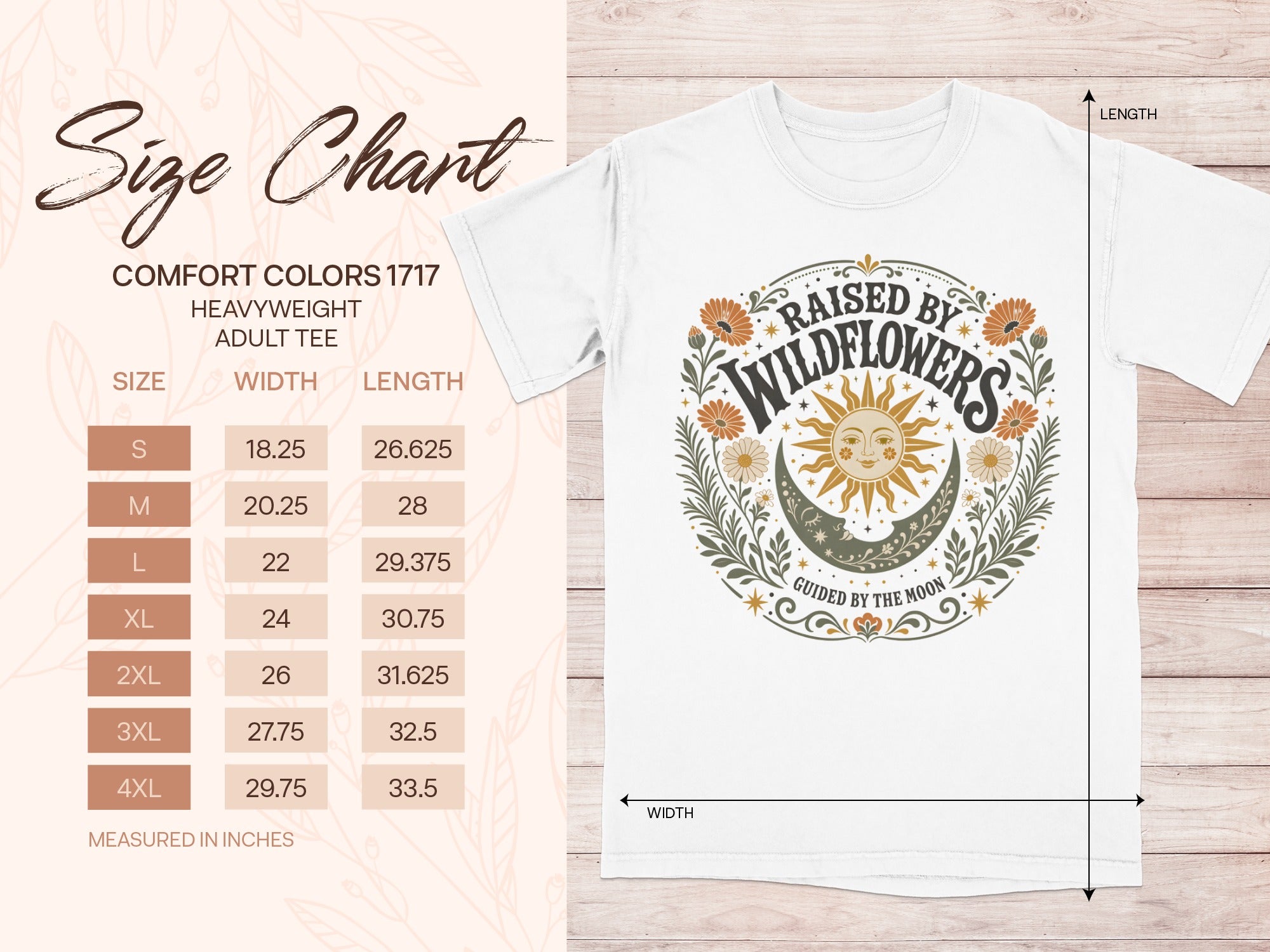 Size chart for Comfort Colors 1717 heavyweight adult tee with "Raised by Wildflowers" graphic.
