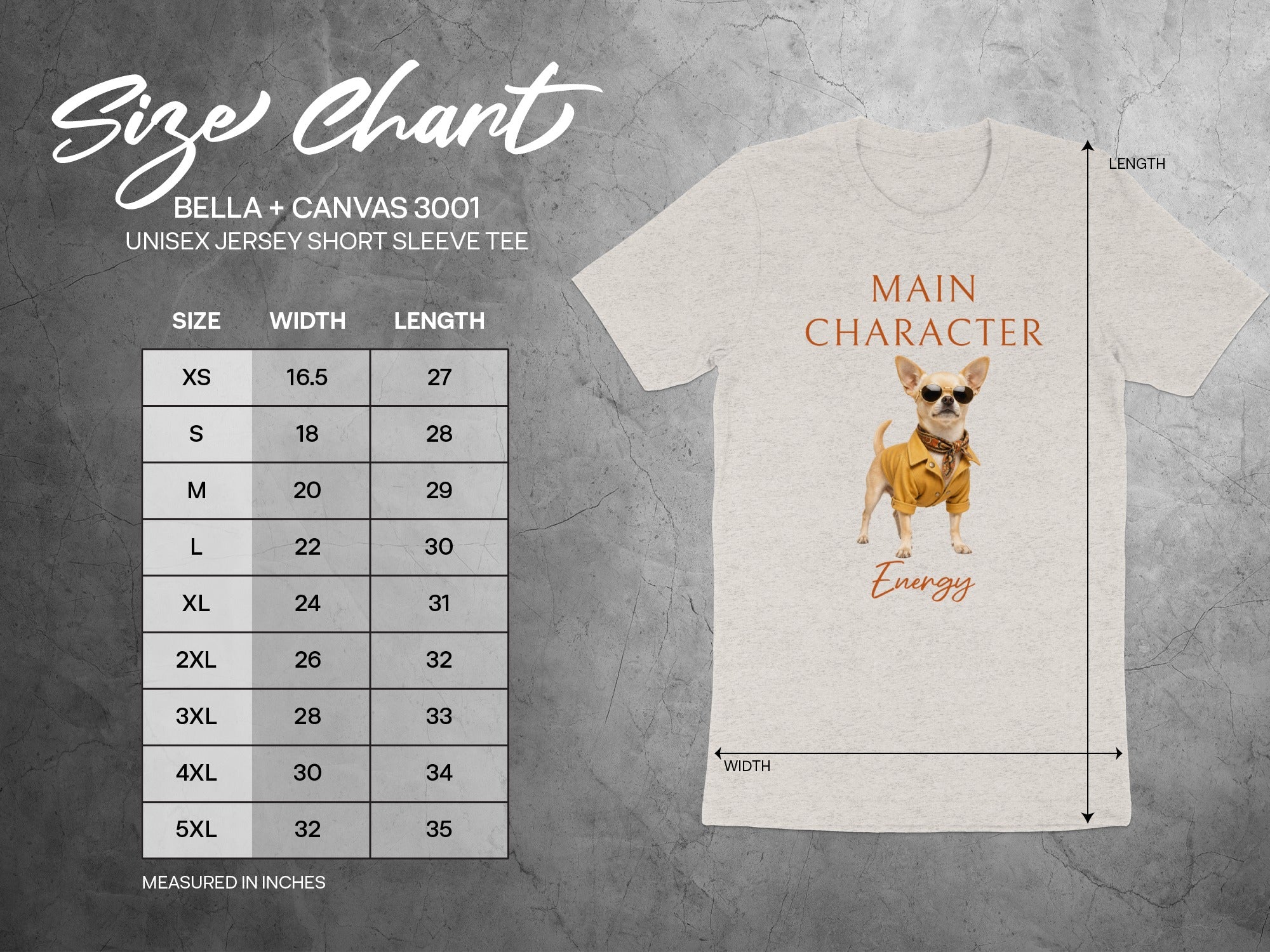 Bella + Canvas 3001 unisex jersey tee size chart with width and length measurements.