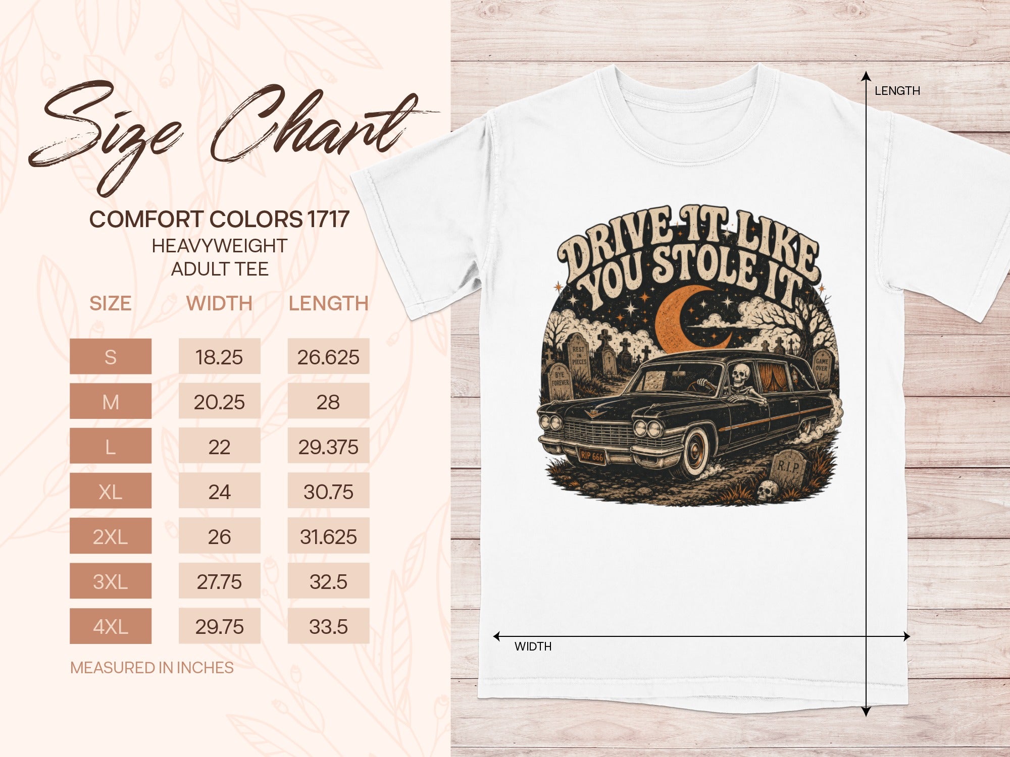 White t-shirt with a skeletal figure driving a vintage car with text "Drive It Like You Stole It."
