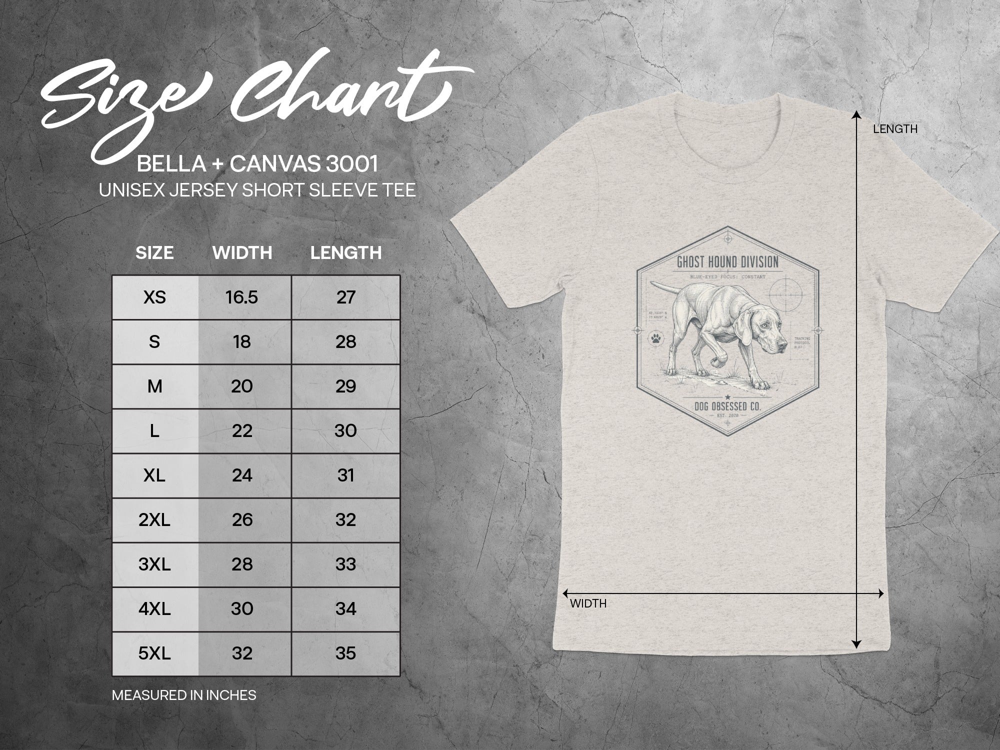 BELLA + CANVAS 3001 unisex short sleeve tee size chart with width and length measurements.