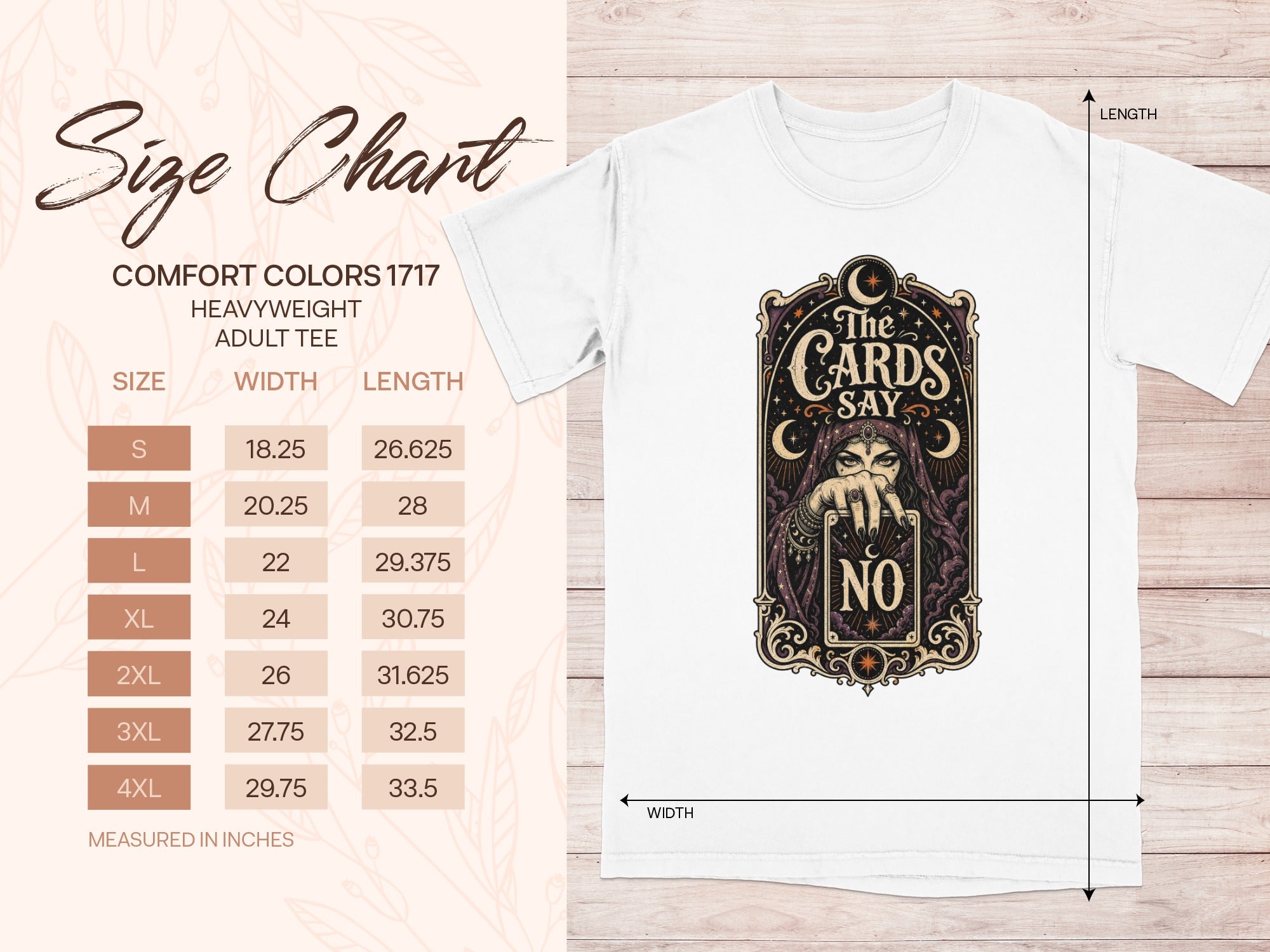 Size chart for a Comfort Colors 1717 heavyweight adult tee with tarot-style graphic.
