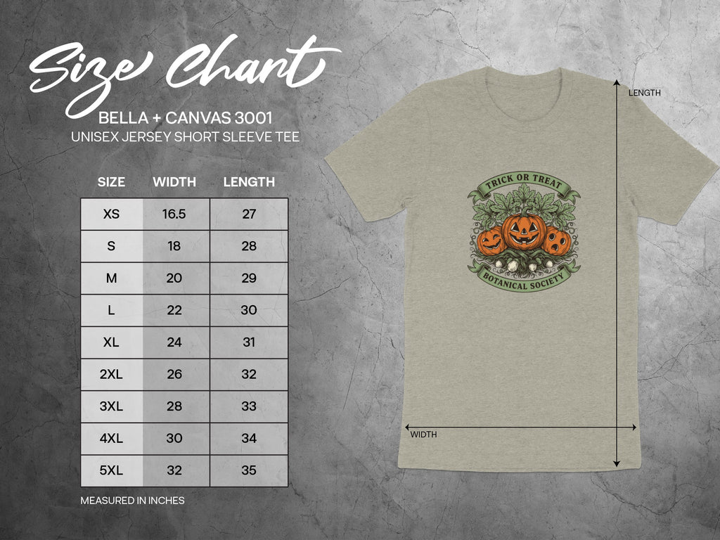 Size chart for Bella + Canvas 3001 unisex t-shirt, includes measurements in inches.