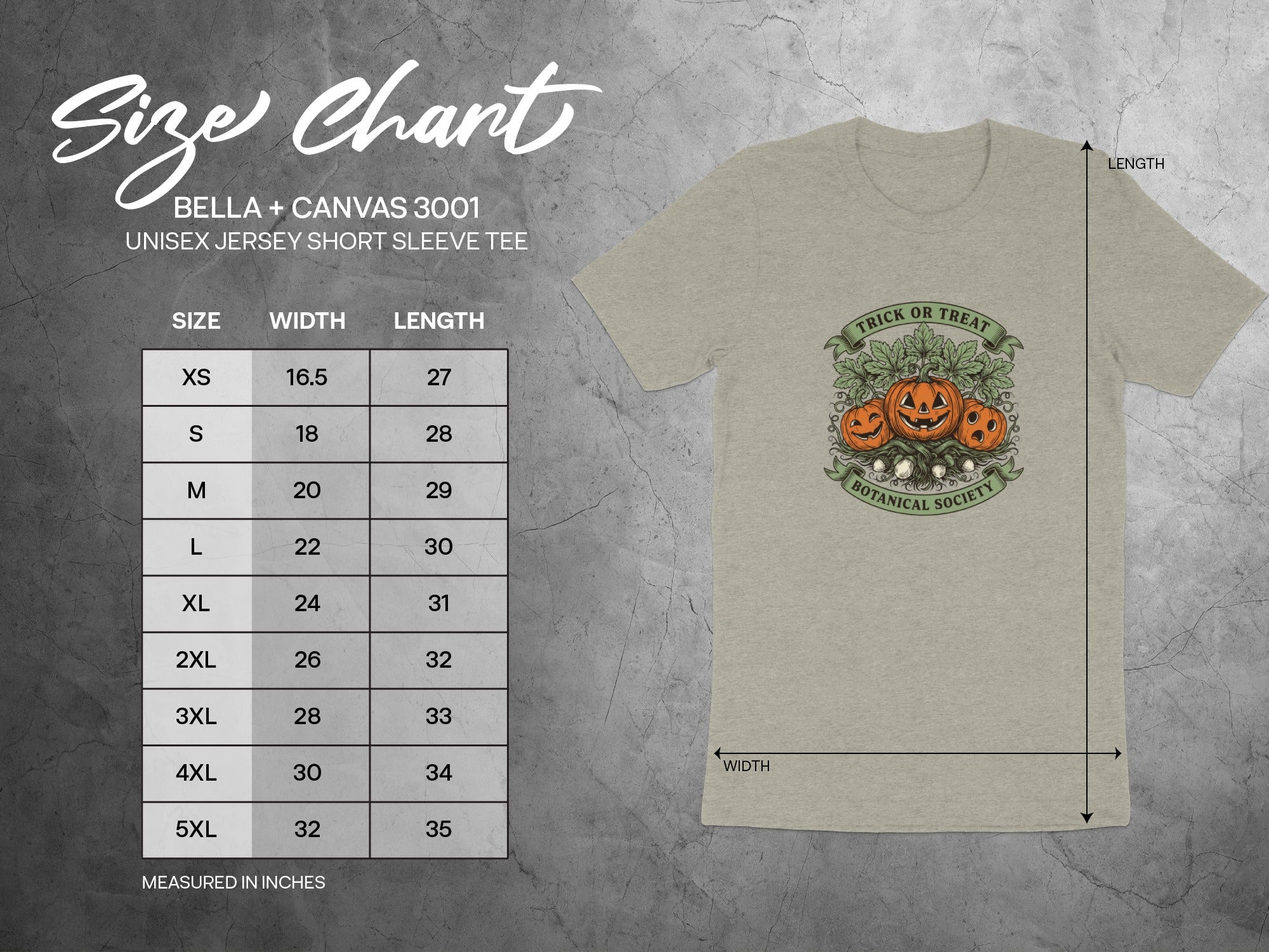 Size chart for Bella + Canvas 3001 unisex t-shirt, includes measurements in inches.