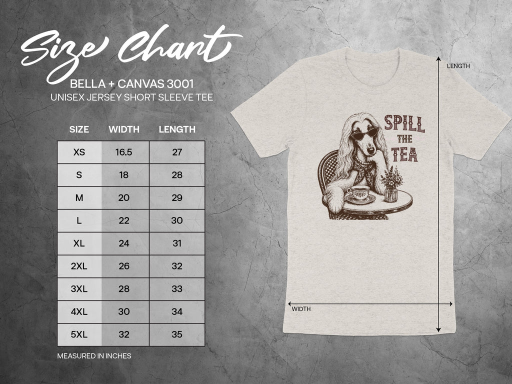Size chart for Bella + Canvas 3001 unisex short sleeve tee, measured in inches.
