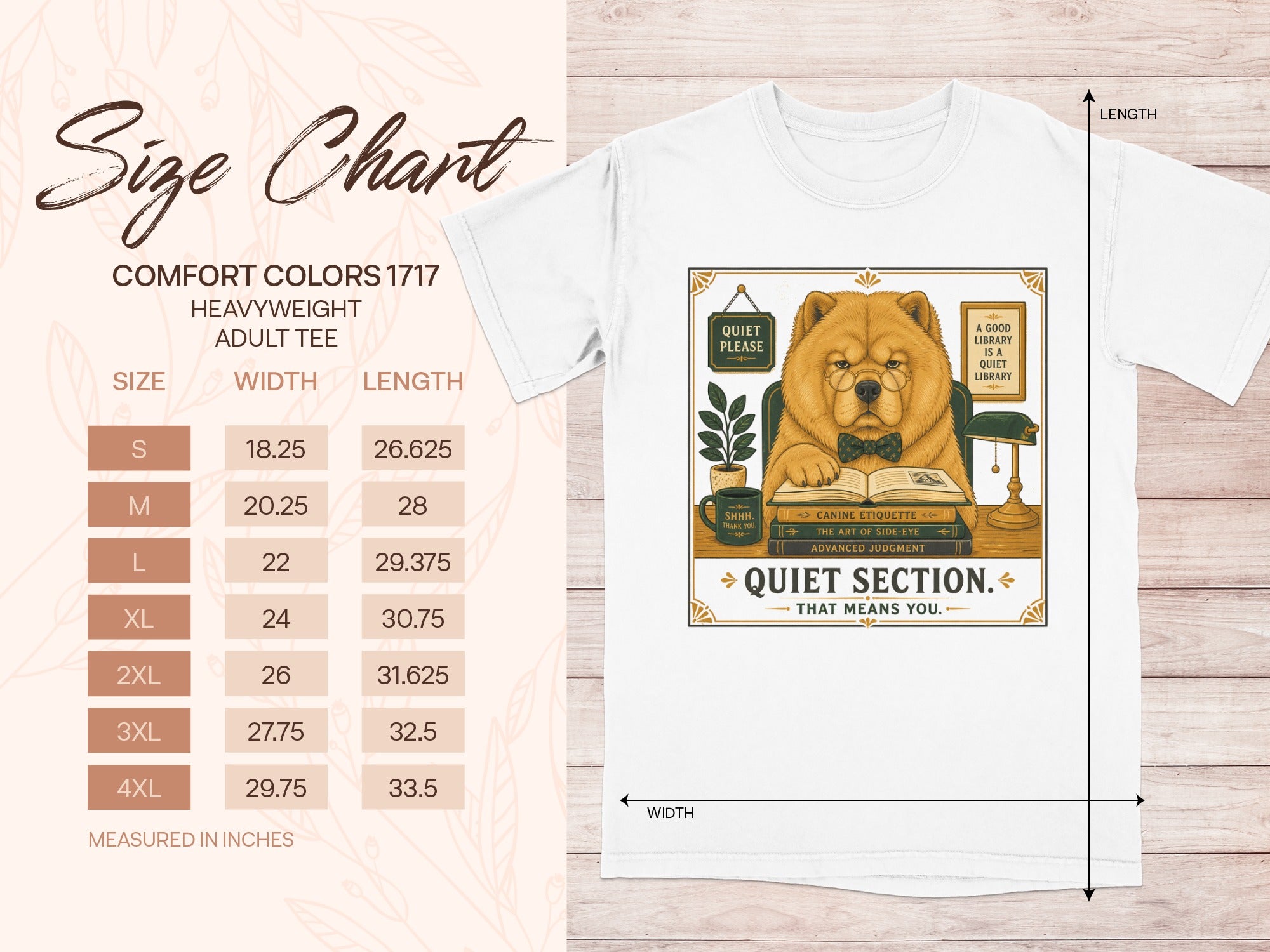 White t-shirt with a chow chow dog reading books, size chart for Comfort Colors 1717 heavyweight adult tee.