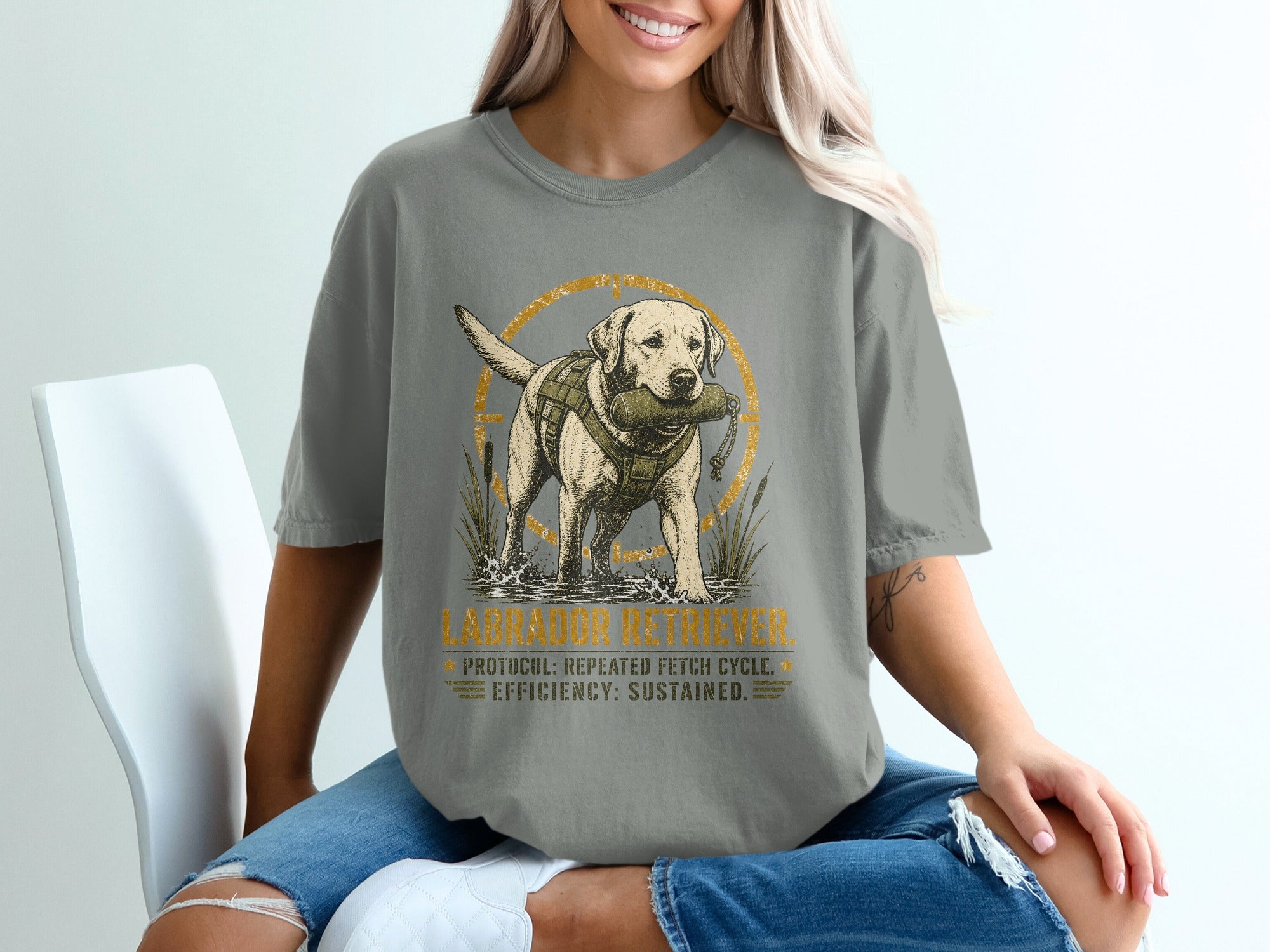 Labrador Retriever design with text "PROTOCOL: REPEATED FETCH CYCLE. EFFICIENCY: SUSTAINED."
