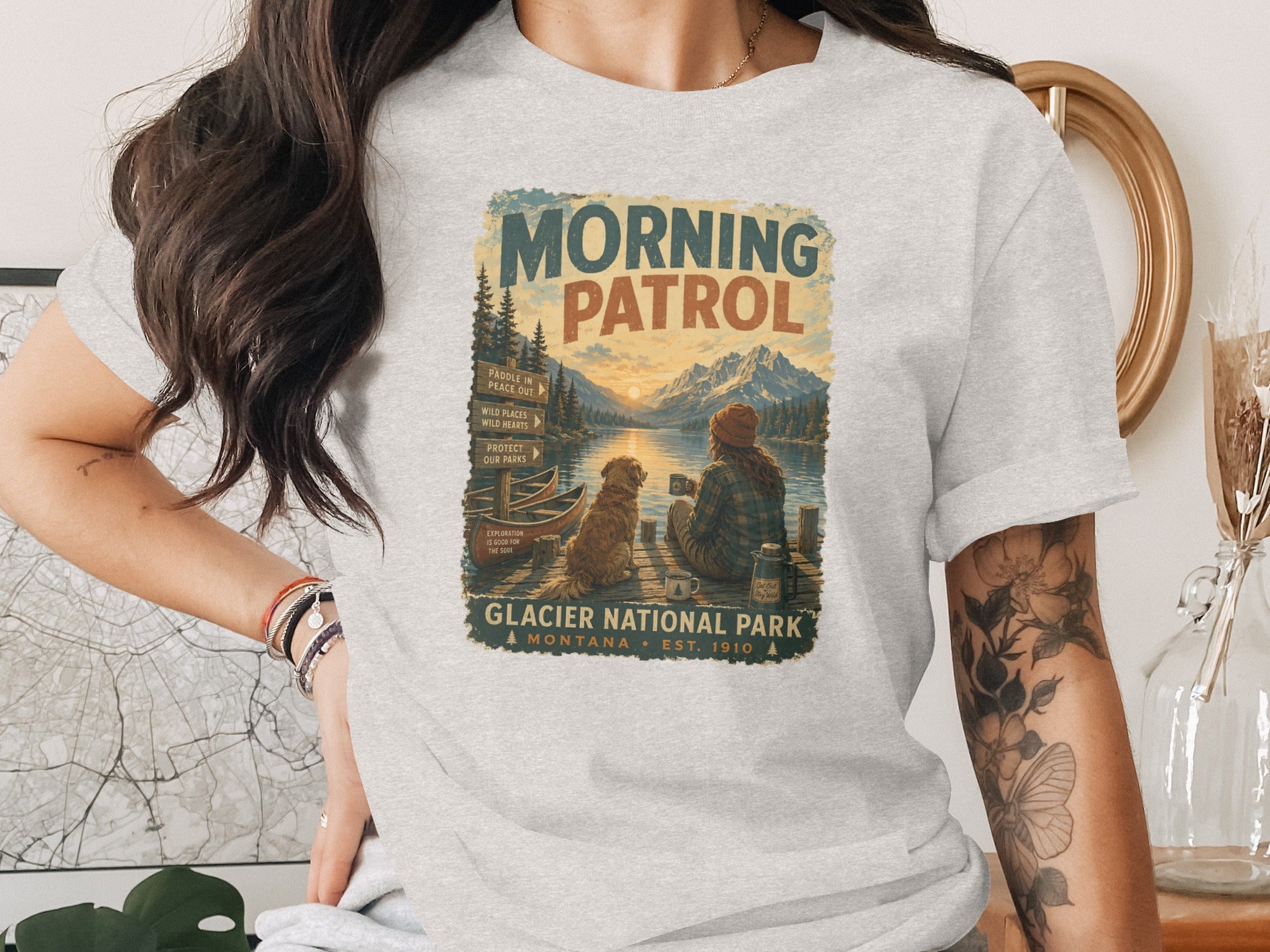Glacier National Park Montana est. 1910 graphic with text "Morning Patrol".
