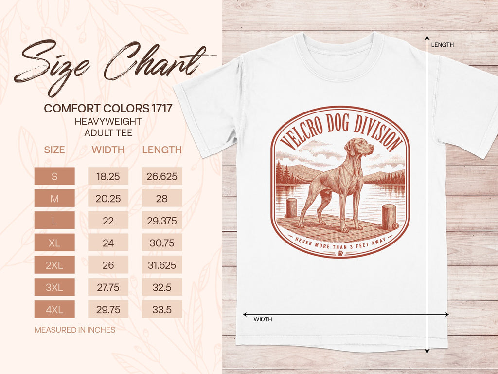 Comfort Colors 1717 adult tee size chart with dog graphic.
