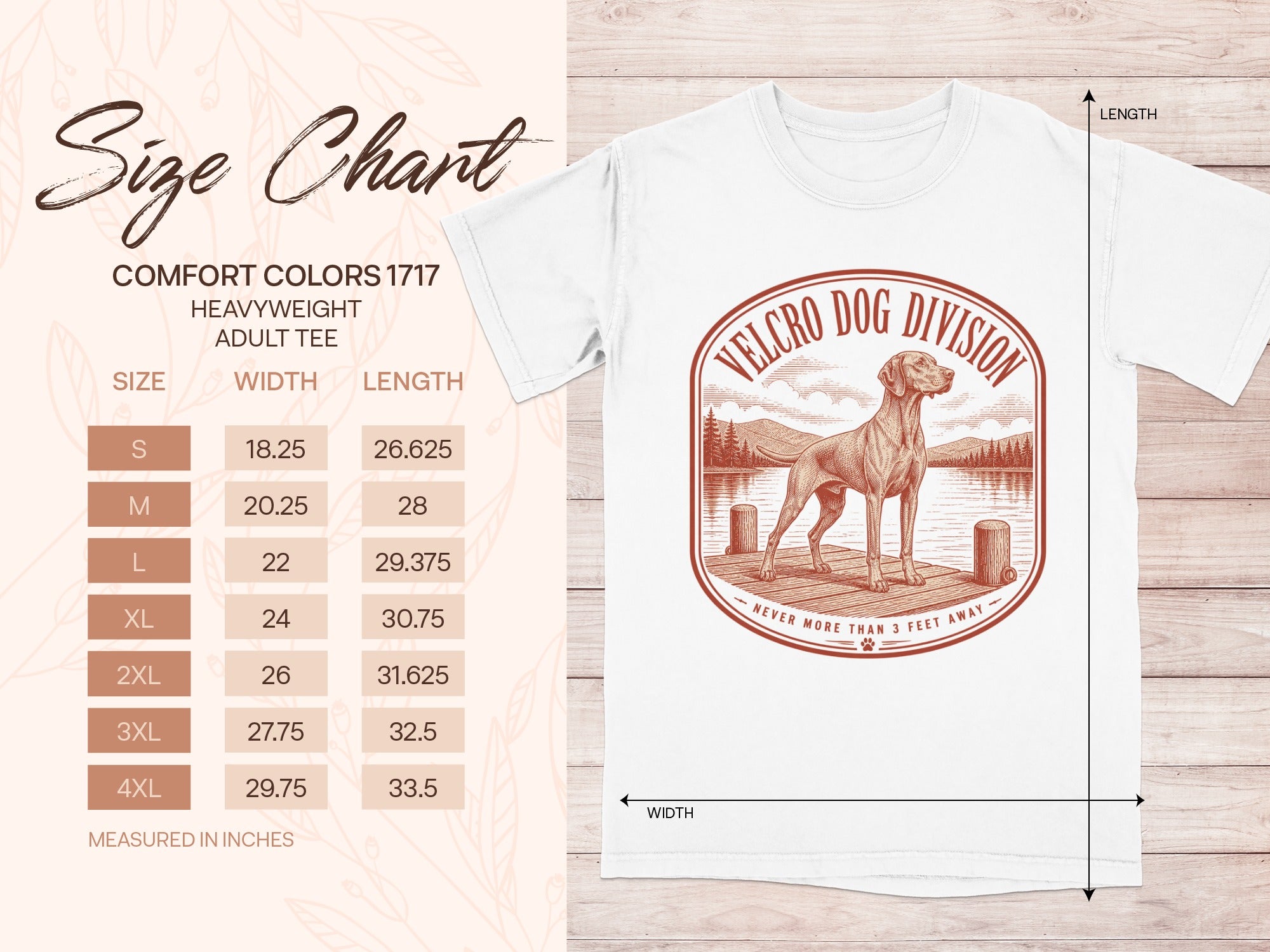 Comfort Colors 1717 adult tee size chart with dog graphic.
