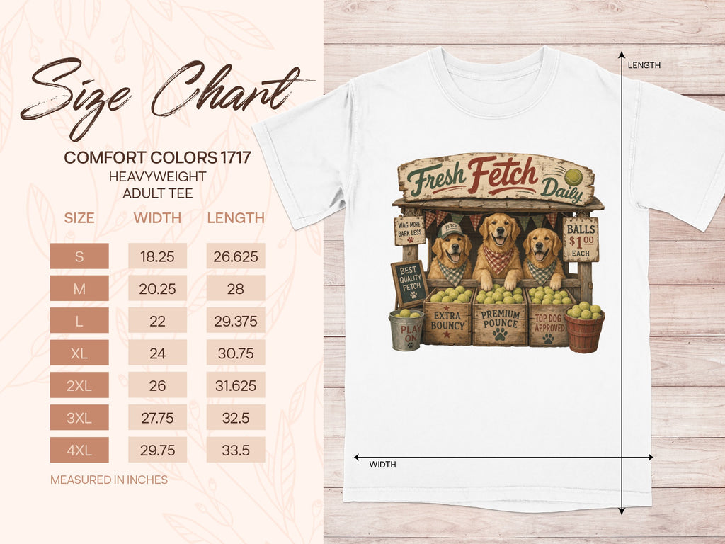 Comfort Colors 1717 heavyweight adult tee size chart with fetch-themed graphic.