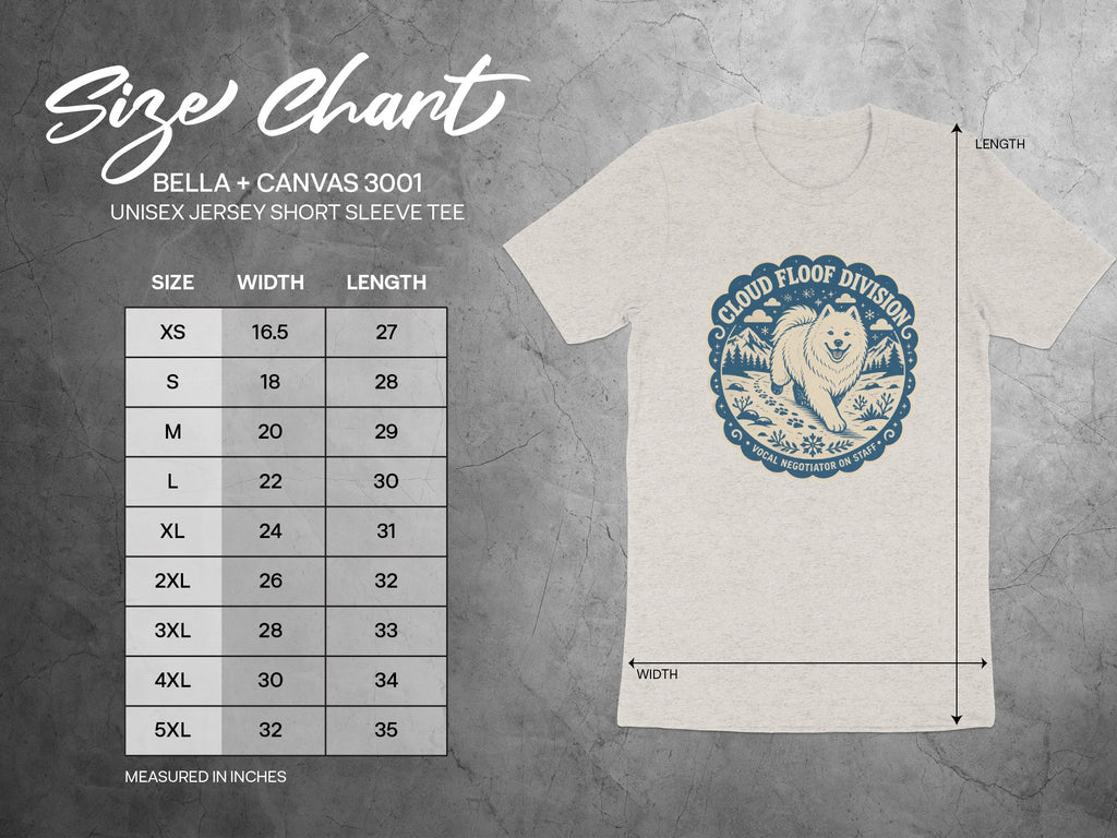 Size chart for Bella + Canvas 3001 unisex t-shirt, with measurements in inches.